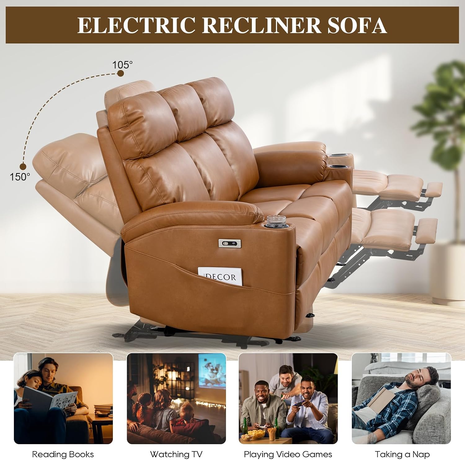 Power Reclining Sofa, Electric 3-Seat Dual Recliner Sofa with USB Ports, Cup Holders, Wall Hugger Sofa & Couch for Living Room Home Theater Apartment RV (Brown) | Drop-Down Table, Side Pocket, Extended Footrest, Breathable Material