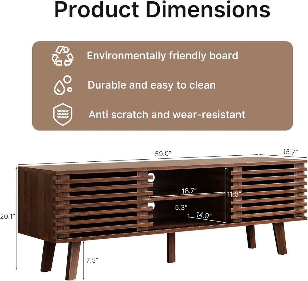 MAISONARIA Mid-Century Modern TV Stand for 50/55/60 inch TV, Retro Entertainment Center with Storage Cabinet & Sliding Door, TV Stand for Living Room, Bedroom