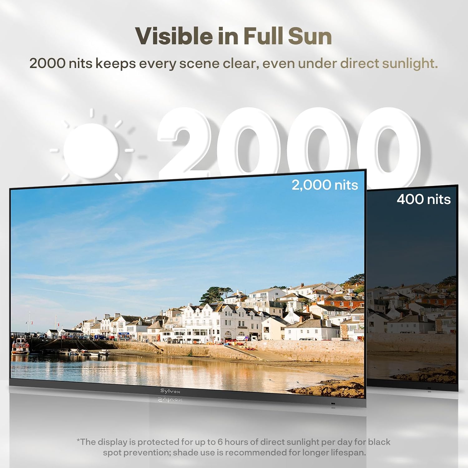 SYLVOX Outdoor TV with Sounbar, 43 inch Full Sun TV 2000 Nits, Ultra-Narrow Bezel, 4K Smart Google Television, IP56 Waterproof, Dual Speakers, for Poolside, Yard, Business (Frameless Pro Series)