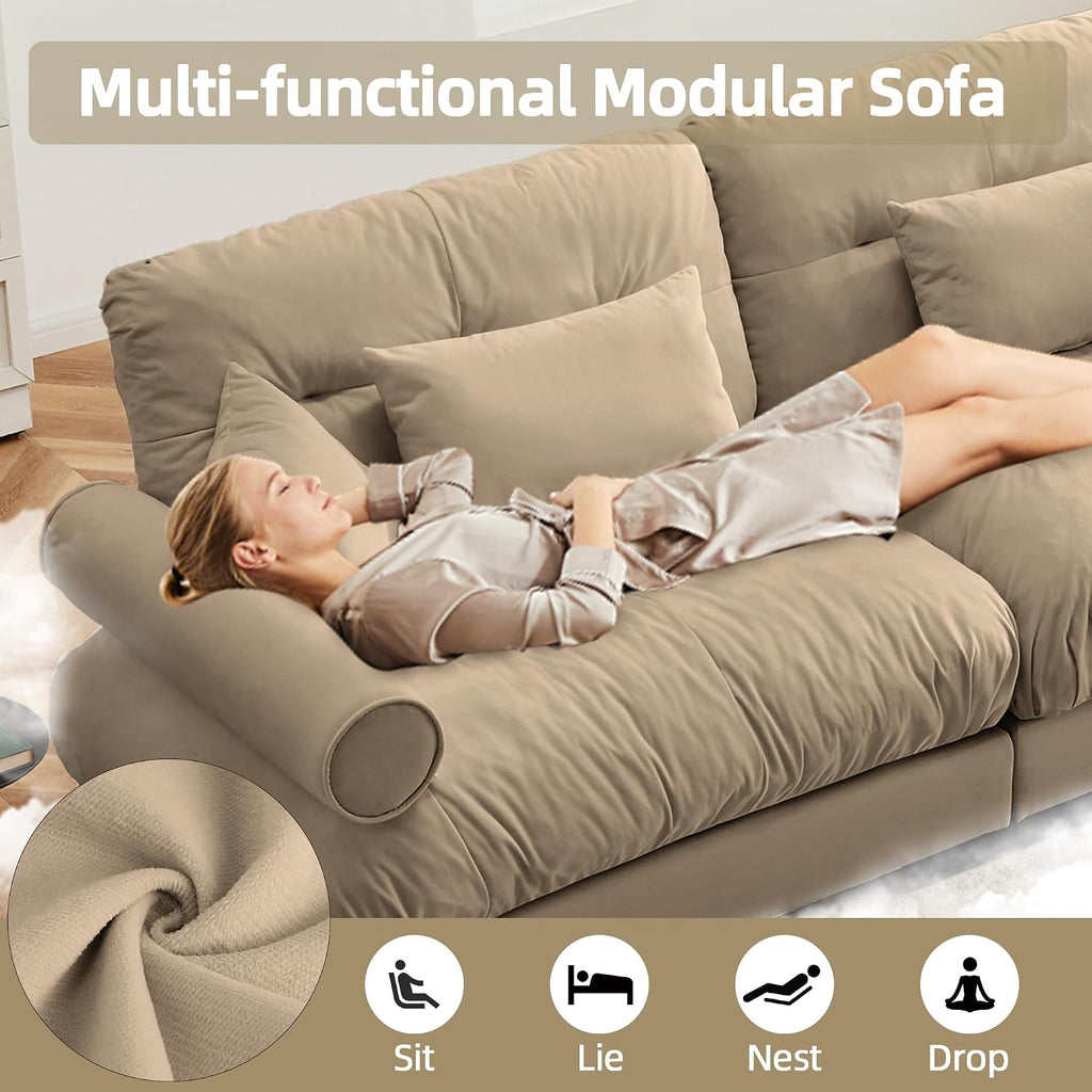 Loveseat Sofa 93.7' Modular Sectional Sofa, 2 Seater Modern Cloud L Shaped Couch, Oversized Sectional Couches for Living Room, Comfy Velvet Sofas Deep Seat Couch with 4 Pillows, Camel