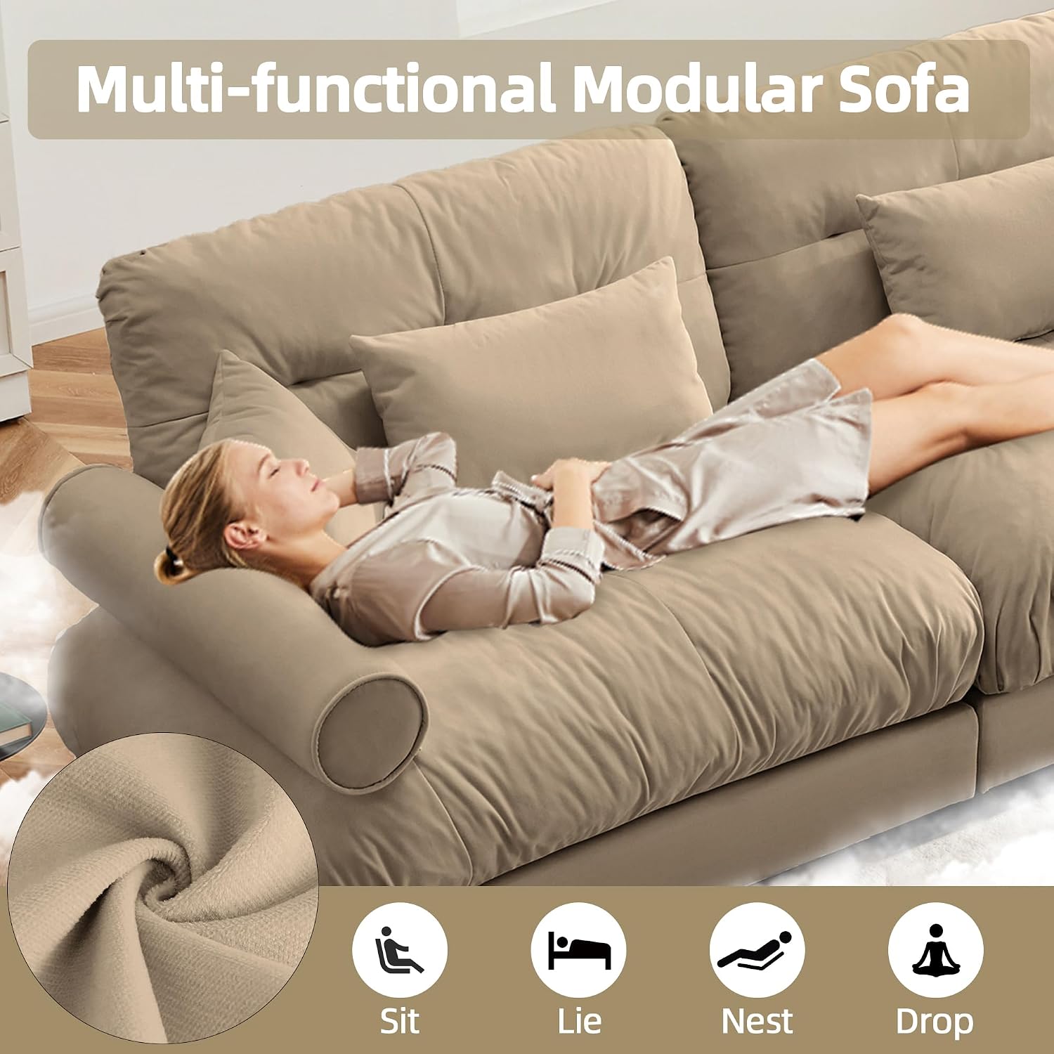 Loveseat Sofa 93.7' Modular Sectional Sofa, 2 Seater Modern Cloud L Shaped Couch, Oversized Sectional Couches for Living Room, Comfy Velvet Sofas Deep Seat Couch with 4 Pillows, Camel
