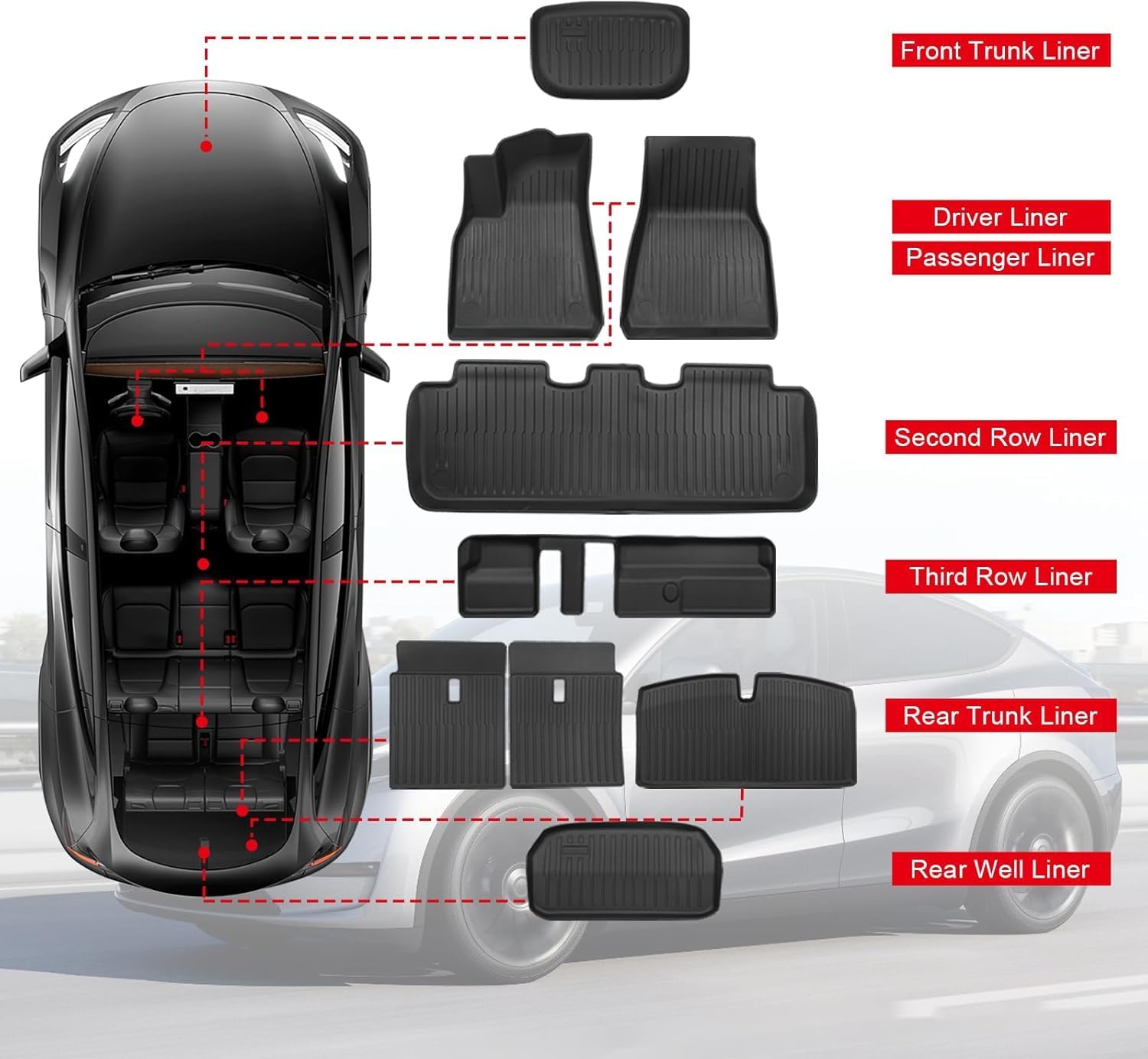 Big RED Floor Mats for Tesla Model Y 7-Seat,Fit for 2021 2022 2023 2024, 100% TPE All Weather Cargo Liner Trunk Accessories, Set of 9 Mats (Not Fit 5-Seat)