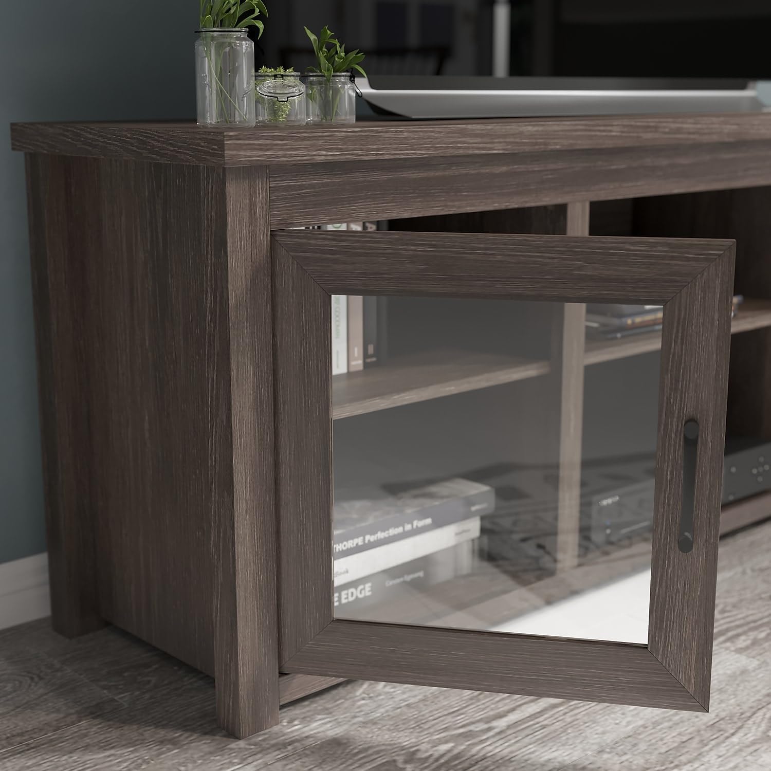 Flash Furniture Sheffield TV Stand up to 80' TVs - Modern Black Wash Finish & Full Glass Doors - 65' Engineered Wood Frame - 3 Height Adjustable Shelves