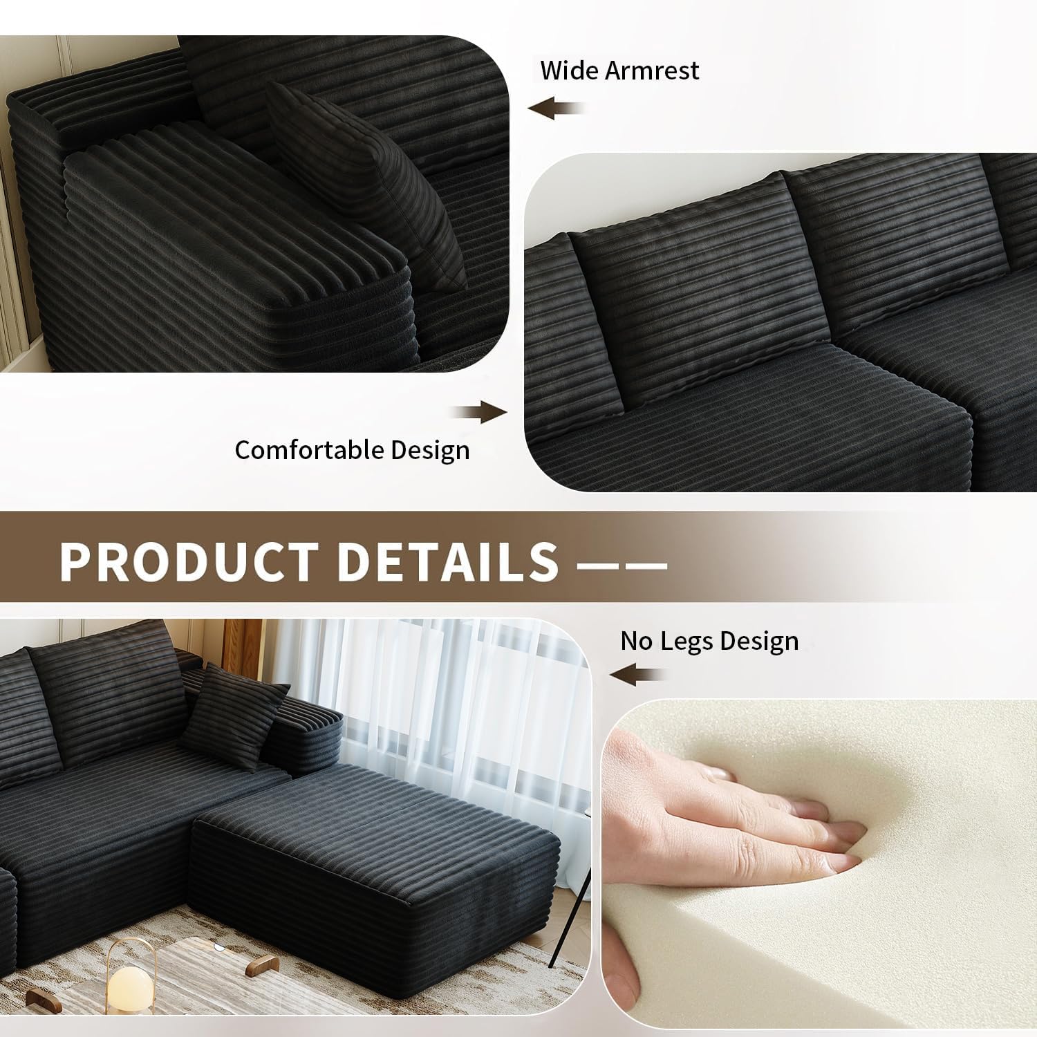 139.4' Modular Sectional Sofa, L-Shaped Minimalist Couches with Ottoman Chaise, Modern Deep Seat Convertible Sleeper Sofa,Cloud Plush Corduroy Fabric, No Assembly Required, 5 Seater, Black