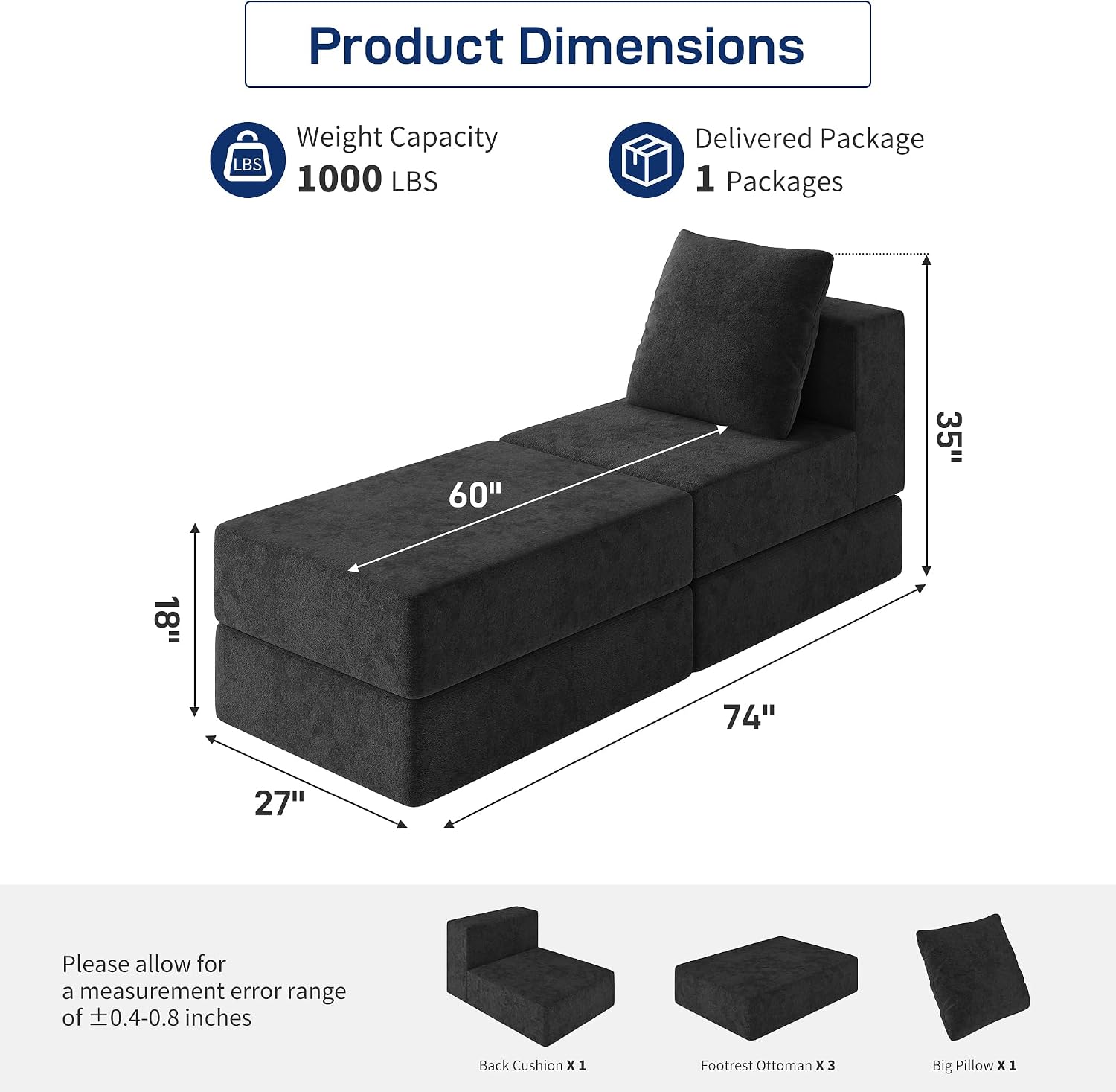 Living&Giving Cloud Sectional Couch for Living Room, Modular Boneless Couch with 1 Ottoman, Middle-seat Can Be Combined with Modular Sofa, Customizable Layout for Any Space, Black