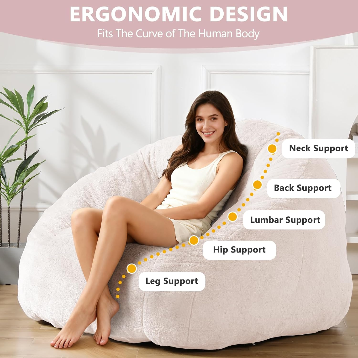 Bean Bag Chair for Adults, Soft Faux Fur Giant Beanbag Chairs, Oversized Cozy Bean Bag Couch Large Reading Chair, Comfy Bean Bag Sofa for Living Room, Bedroom & Dorm, Light Pink