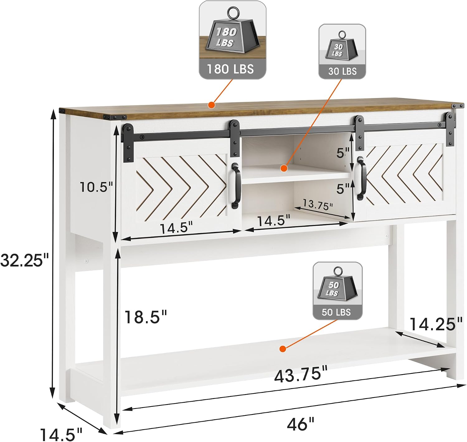 RoyalCraft Console Table with Storage Shelf & Sliding Barn Door, Farmhouse Entryway Table with Storage, 46' Narrow Long Sofa Table, Behind Couch Table, Console Tables for Living Room, Entryway, Foyer