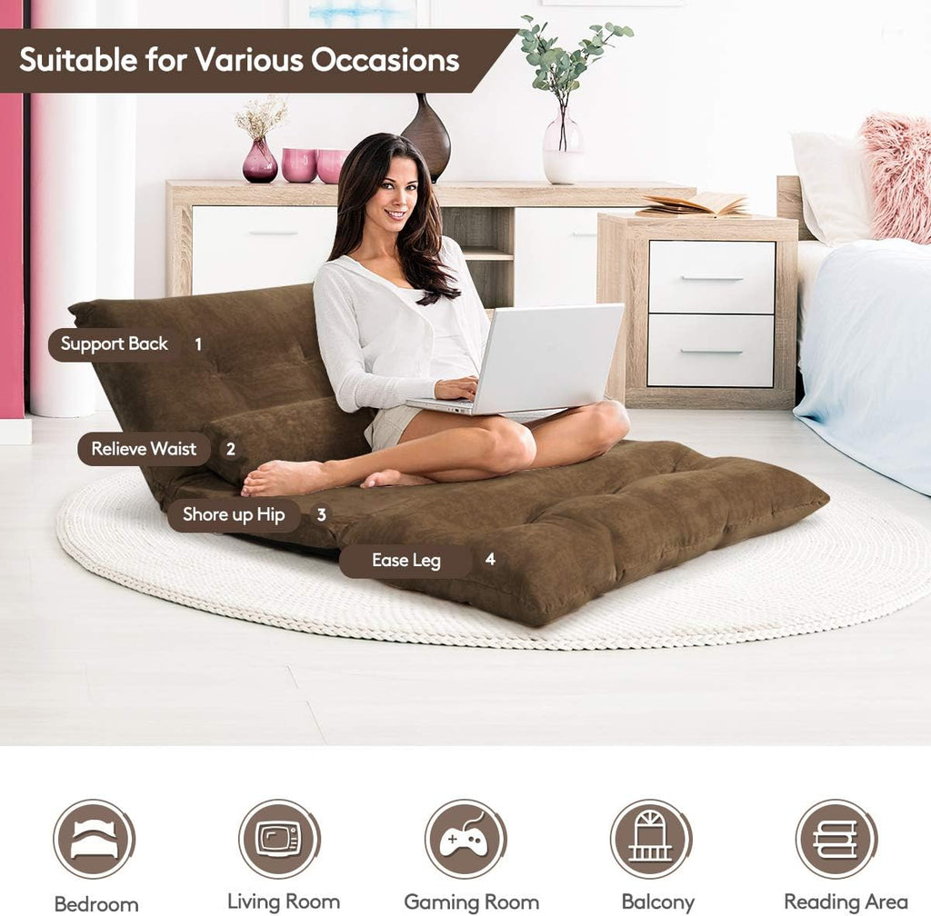 Giantex Adjustable Floor Sofa Couch with 2 Pillows, Multi-Functional 6-Position Foldable Lazy Sofa Sleeper Bed, Multi-Functional Suede Floor Seating Sofa for Reading Gaming (Coffee)