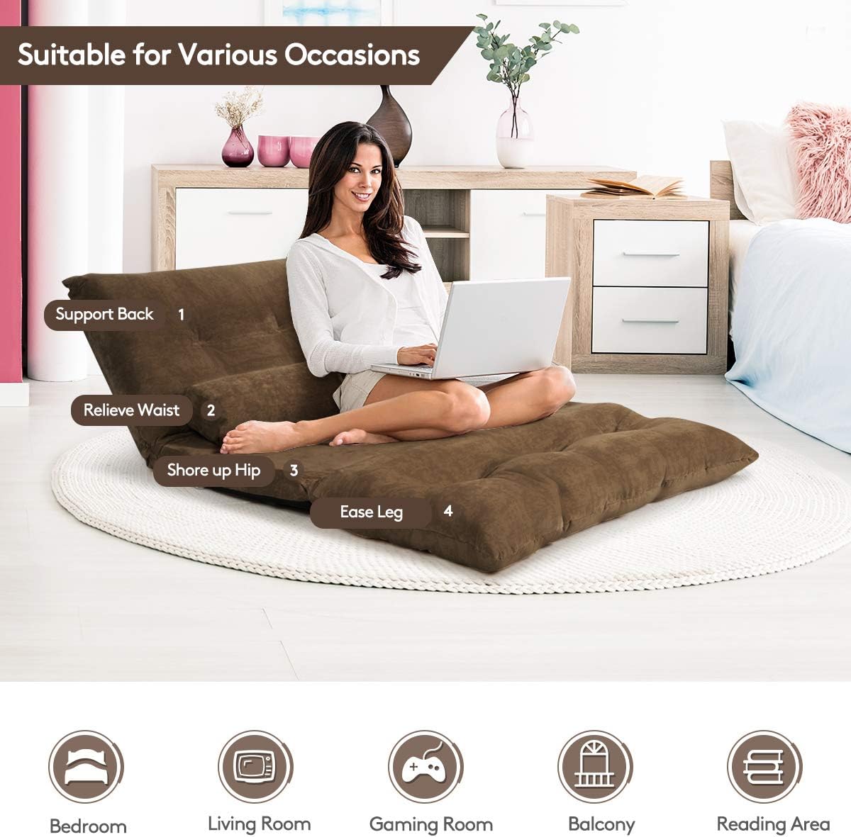 Giantex Adjustable Floor Sofa Couch with 2 Pillows, Multi-Functional 6-Position Foldable Lazy Sofa Sleeper Bed, Multi-Functional Suede Floor Seating Sofa for Reading Gaming (Coffee)
