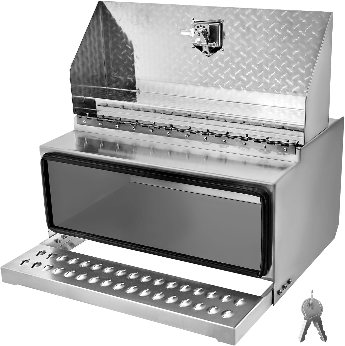 VEVOR Semi-Truck Step Tool Box, 30' x 29.5' x 15.8' Heavy Duty Aluminum Diamond Plate Toolbox, Waterproof Cab Entry Step Storage Box with T-Handle Lock & Keys for Flatbed, Crane, and Semi Trucks