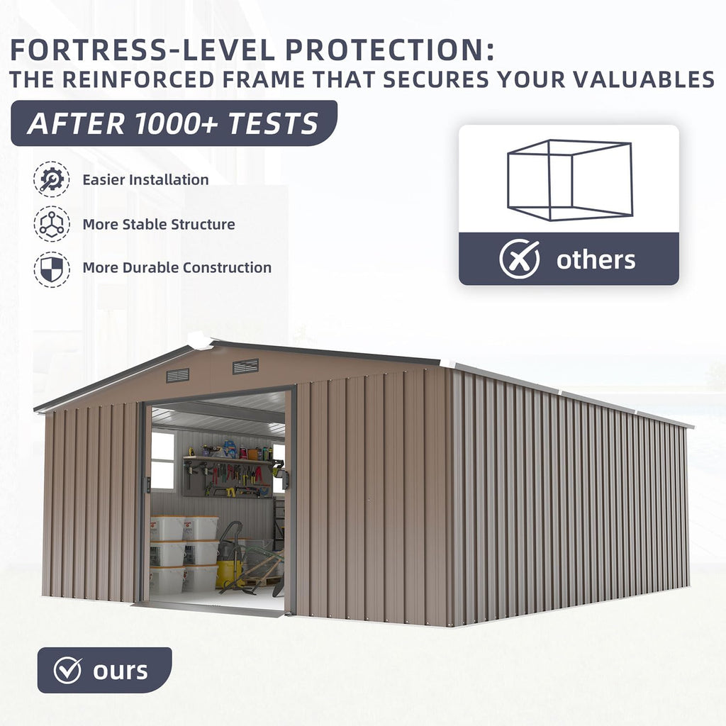 10x12 FT Outdoor Metal Storage Shed, Heavy Duty Galvanized Steel Garden Shed with Lockable Door, Vents, Windows, Waterproof UV-Resistant Tool Storage for Backyard, Patio