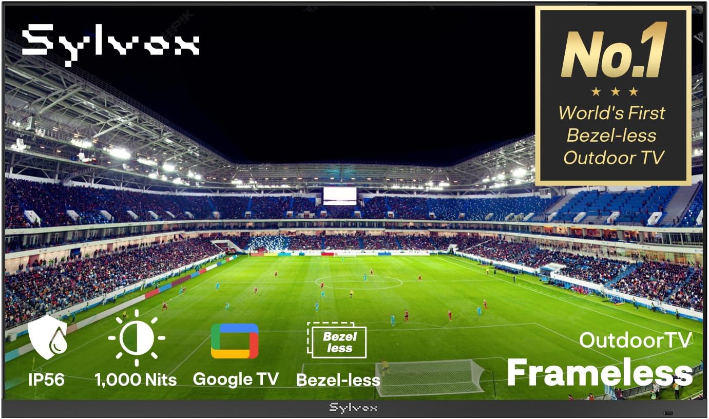 SYLVOX 55'' Outdoor TV, Ultra-Narrow Bezel, Upgraded IP56 Waterproof Smart Google TV for Outside, 2×12W Speakers with Dolby Atmos, 1000 Nits Brightness for Patio, Deck or Partial Sun (Frameless, 2026)