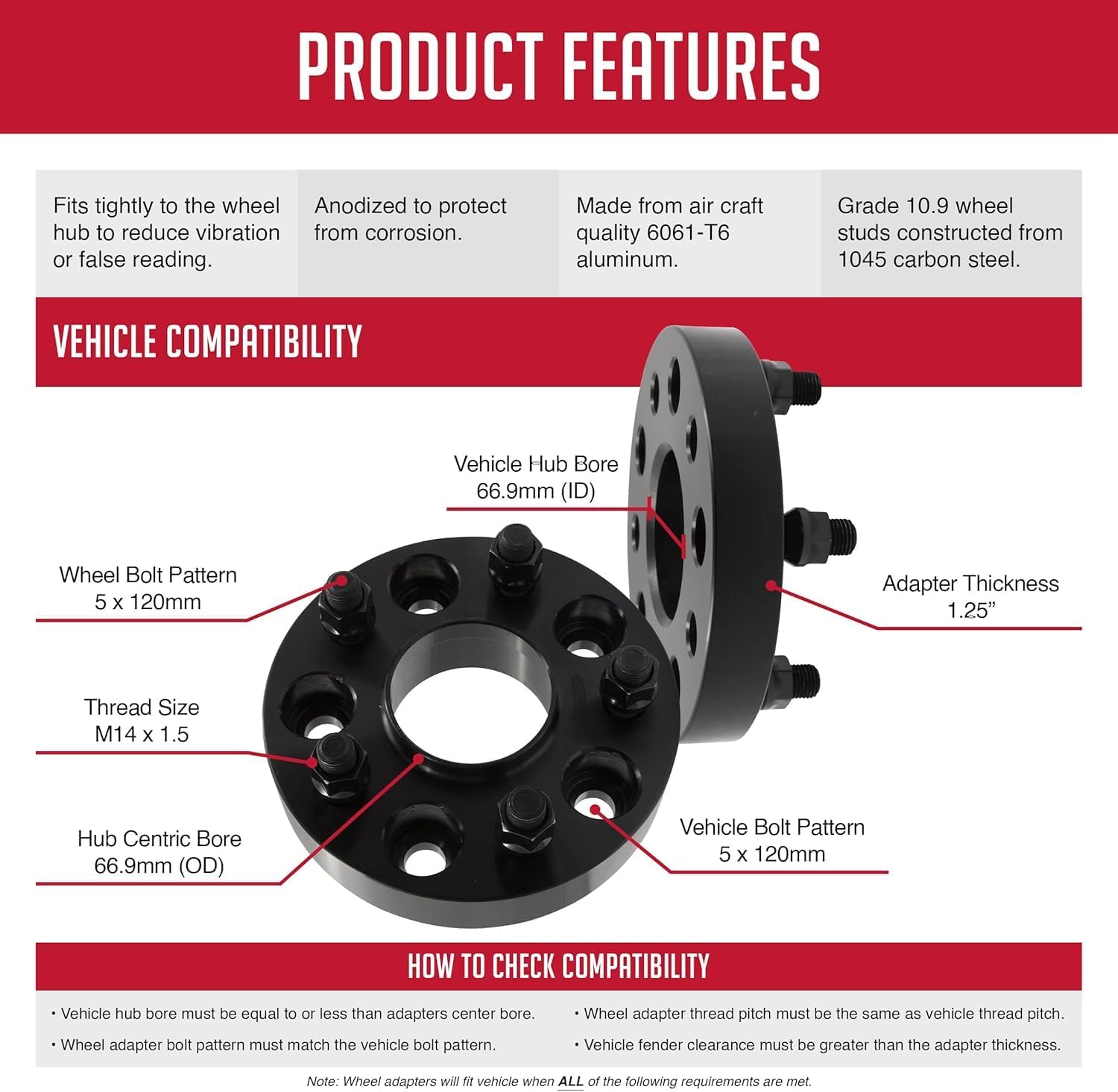 Wheel Accessories Parts 4 Pcs Hub Centric Wheel Spacers Adapters 5 on 120mm 5x120mm 1.25 Inch Thick 66.9mm Hub M14x1.5 14x1.5 Thread Stud Fits 2010+ Chevy Camaro ｜ 2020+ Corvette ｜10-17 GMC Terrain