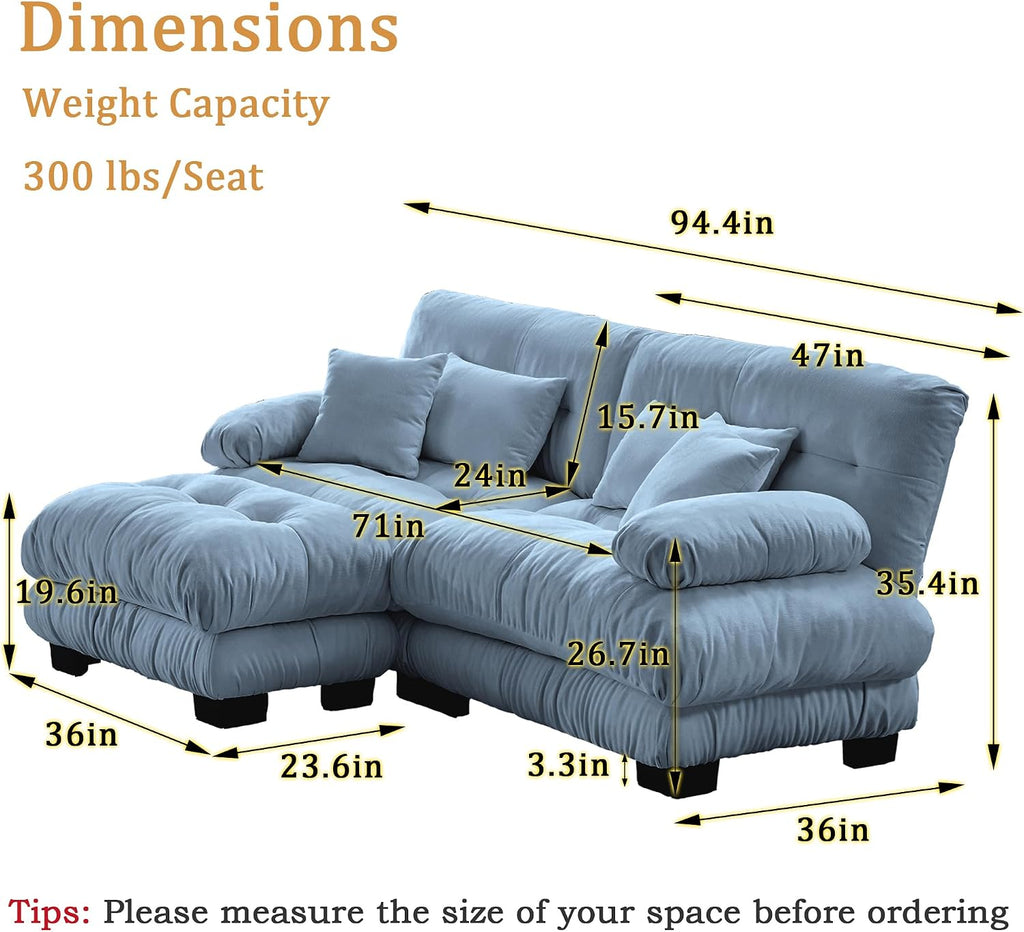Modular Sectional Sofa, Comfy Cloud Couch Oversized Loveseat with Ottoman, Sectional Couches for Living Room, Modern Chenille L Shaped Couch, Sleeper Deep Seat Sofa with Throw Pillows, Blue