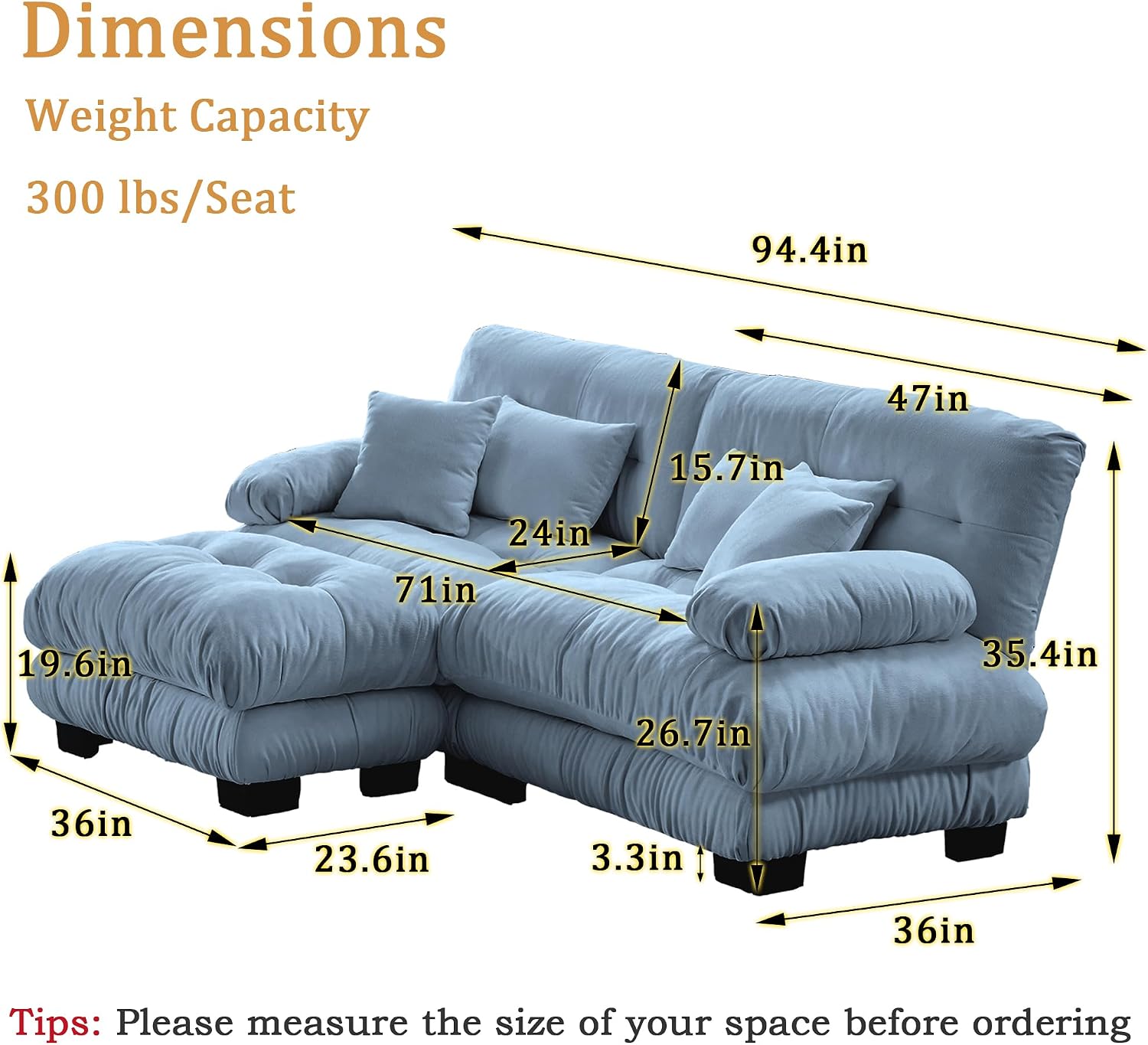 Modular Sectional Sofa, Comfy Cloud Couch Oversized Loveseat with Ottoman, Sectional Couches for Living Room, Modern Chenille L Shaped Couch, Sleeper Deep Seat Sofa with Throw Pillows, Blue
