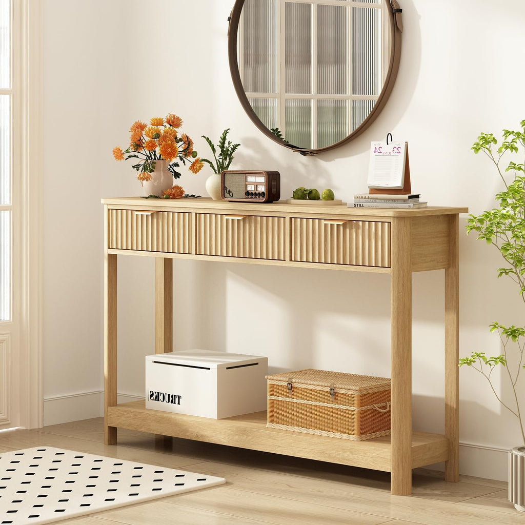 RUSTOWN Fluted Wood Console Table with 3 Drawers, Boho Narrow Behind Couch Entryway Table with Open Storage Shelf, Modern Sofa Table for Living Room, Foyer and Hallway (Natural Wood)