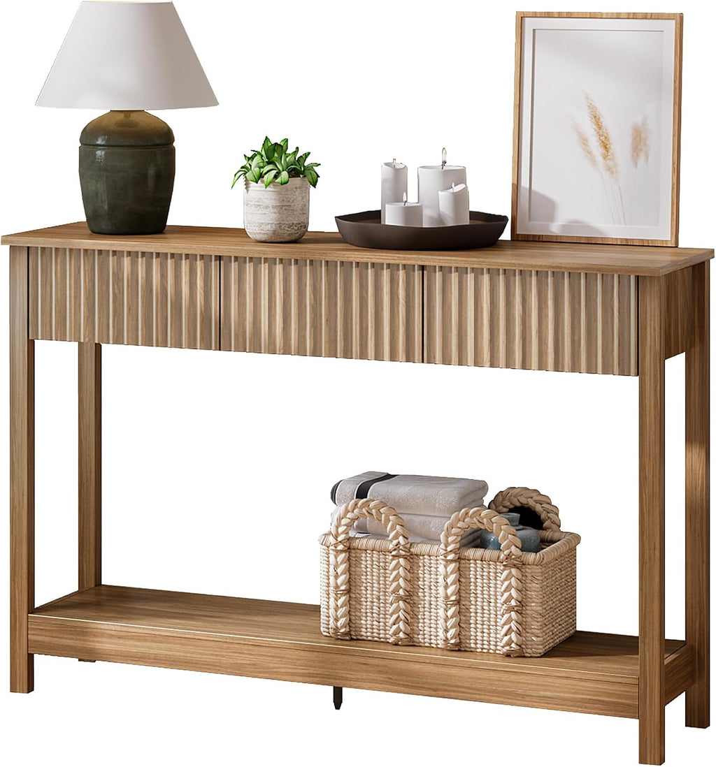 Treocho 47' Console Table with Drawers, Fluted Narrow Entryway Table with Open Shelf, Farmhouse Sofa Table Behind Couch for Hallway, Living Room, Brown