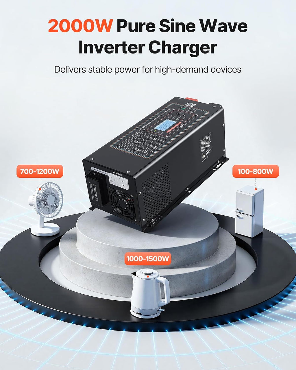 VEVOR Pure Sine Wave Inverter Charger, 2000W, DC 12V to AC 120V Power Inverter with LCD Display, Remote Control, Low Frequency, GFCI, for RV Camper Home, Compatible with 12V LiFePO4 Lithium Batteries