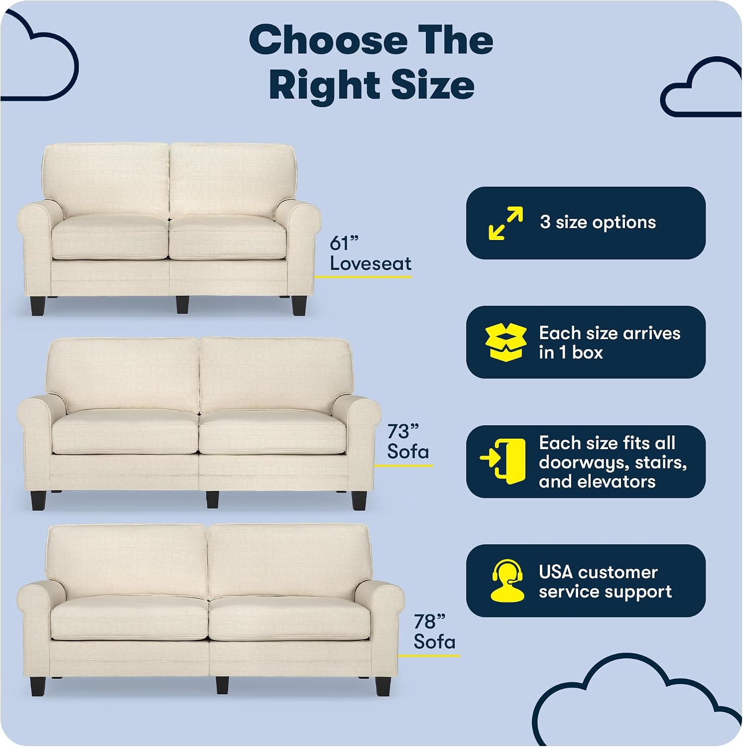 Serta Copenhagen 78' Rolled Arm Sofa, Easy Care Polyester, Soft Pillow Back, Pocket Coil Seat Cushions, Removable Covers, Loveseat or Couch for Small Spaces, Living Rooms or Bedrooms, Buttercream