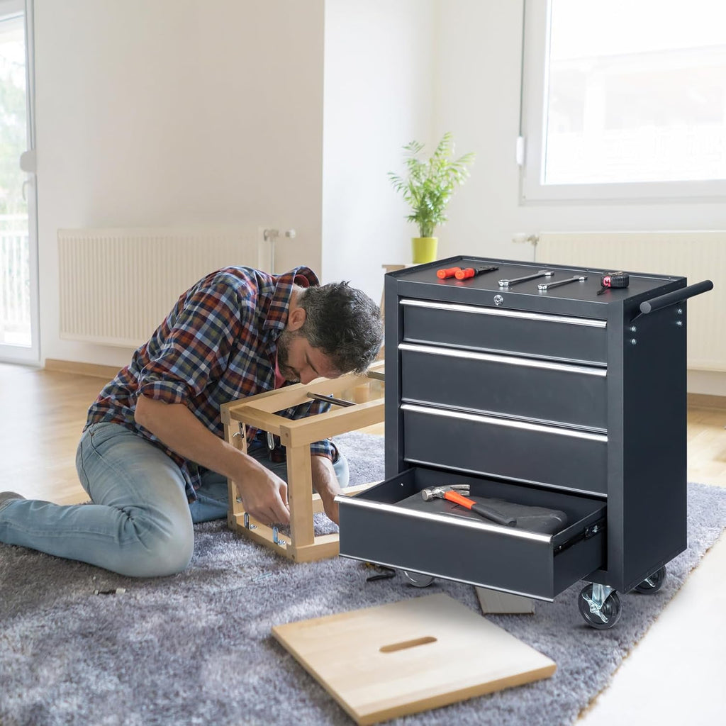 Metal Rolling Tool Box Organizer | Lockable Tool Chest with Wheels | Toolbox with 4 Sliding Drawers | Tool Storage Box Organizer for Garage Home Workshop & Tool Room
