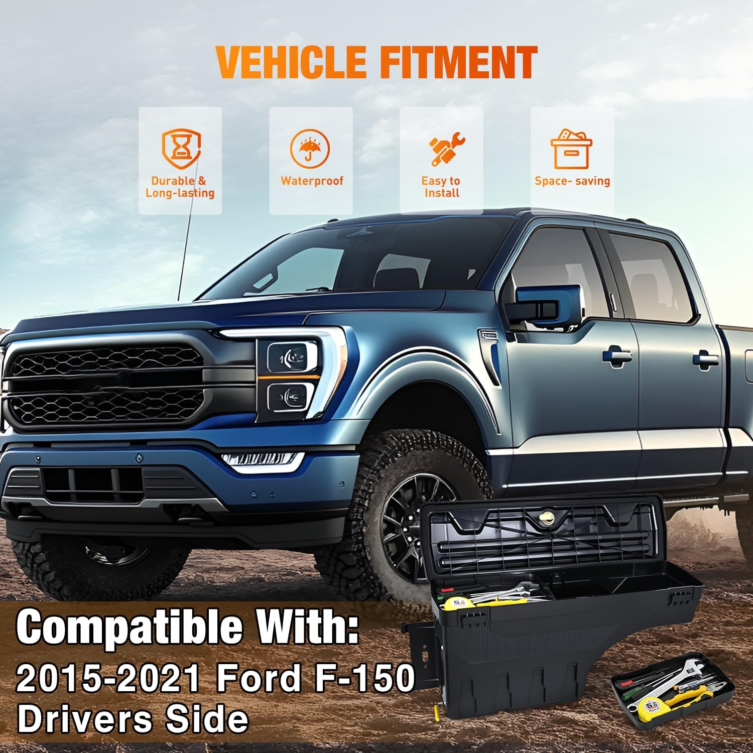 Nilight Truck Bed Tool Box Left Drivers Side Truck Tool Box Fit for Ford F-150 2015-2021 ABS Swing Case Truck Bed Storage Box with Lockable Lid Waterproof Wheel Well Toolbox Black