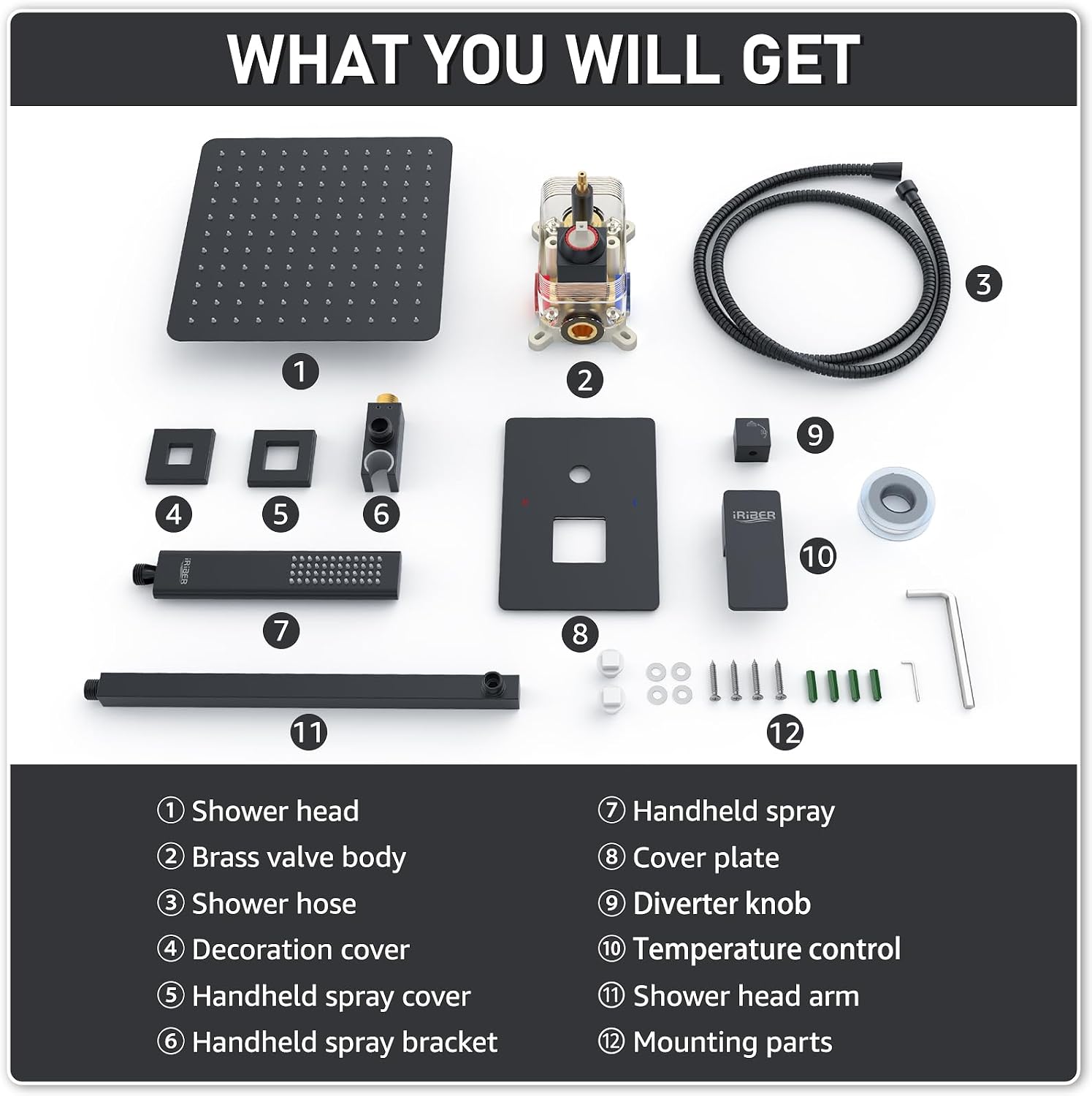 Iriber Shower Set with 12 Inch High Pressure Rain Shower Head and Handheld and Shower Faucet Mixer Valve Modern Shower System Including Pressure Balance Valve Shower Trim Kit for Bathroom,Matte Black