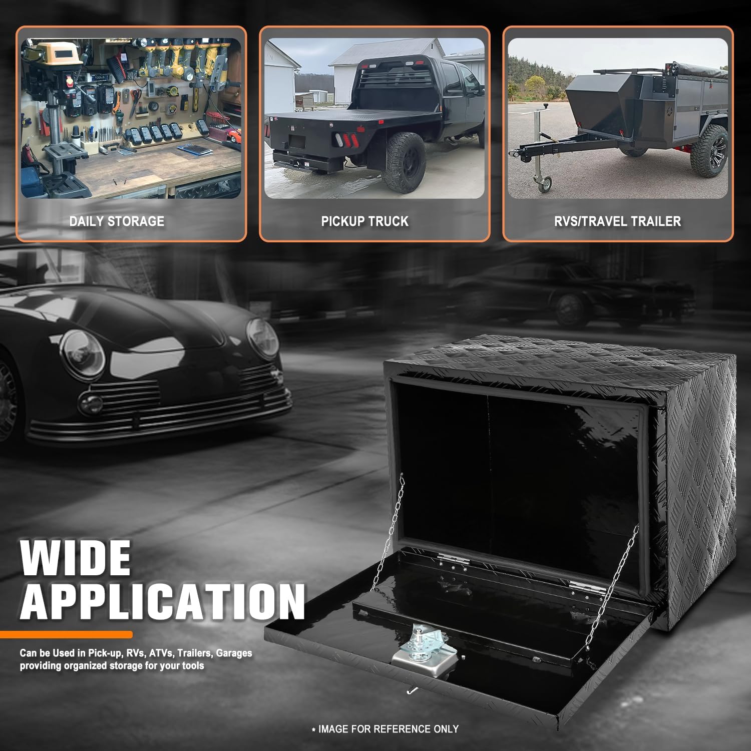 PM PERFORMOTOR Black Aluminum Steel Heavy Duty Trailer Powdercoated Tool Box Chest Box Pickup Truck Bed Storage Toolbox with T-Bar Lock Handle and 2 Keys, 61cm W x 46cm H x 45D