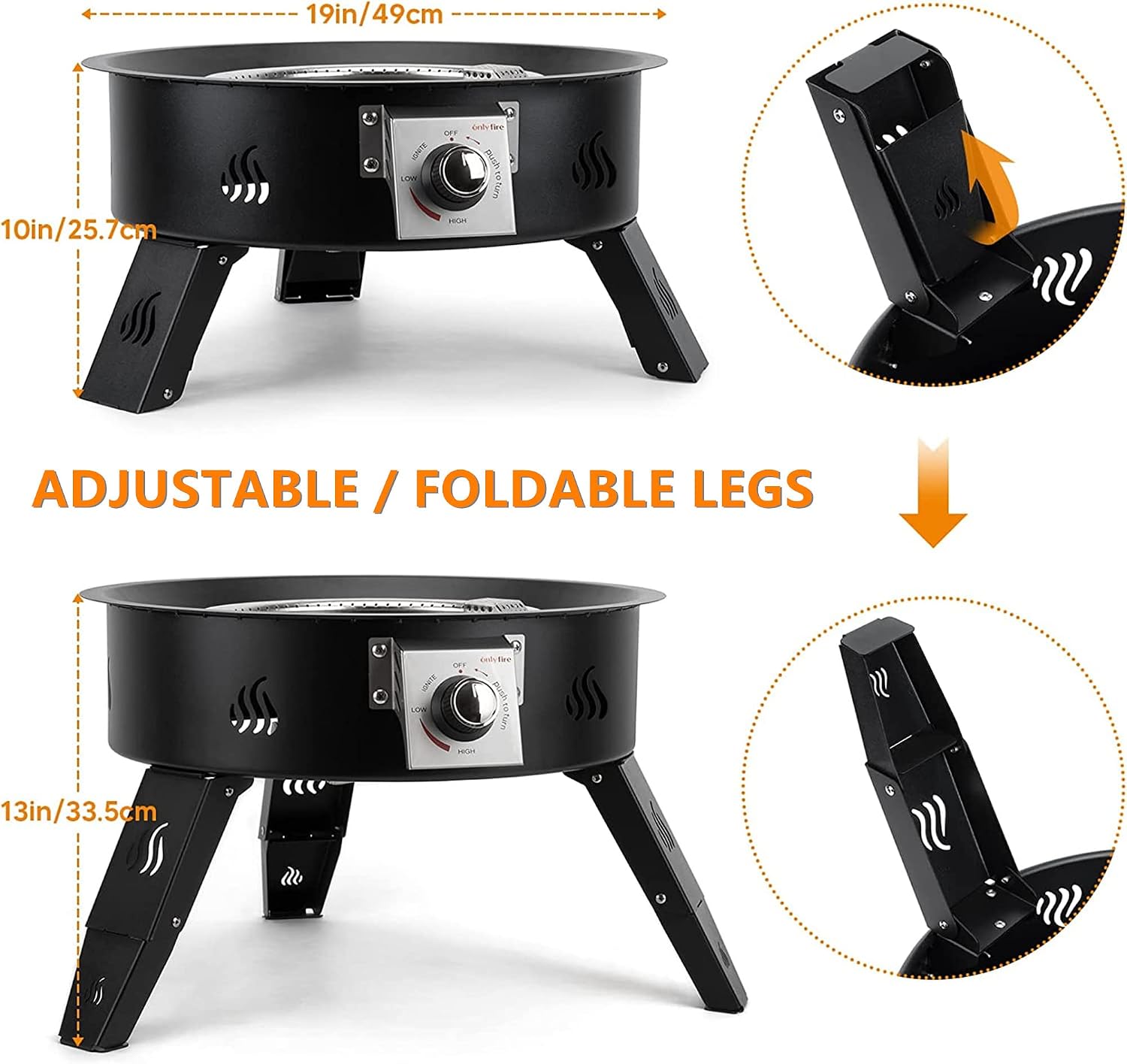 Propane Fire Pit 19' with Foldable Legs, Gas Firepit with Lava Rocks -Portable Smokeless Fireplace for Outside Camping Bonfire Patio Backyard RV Tailgating, FP000