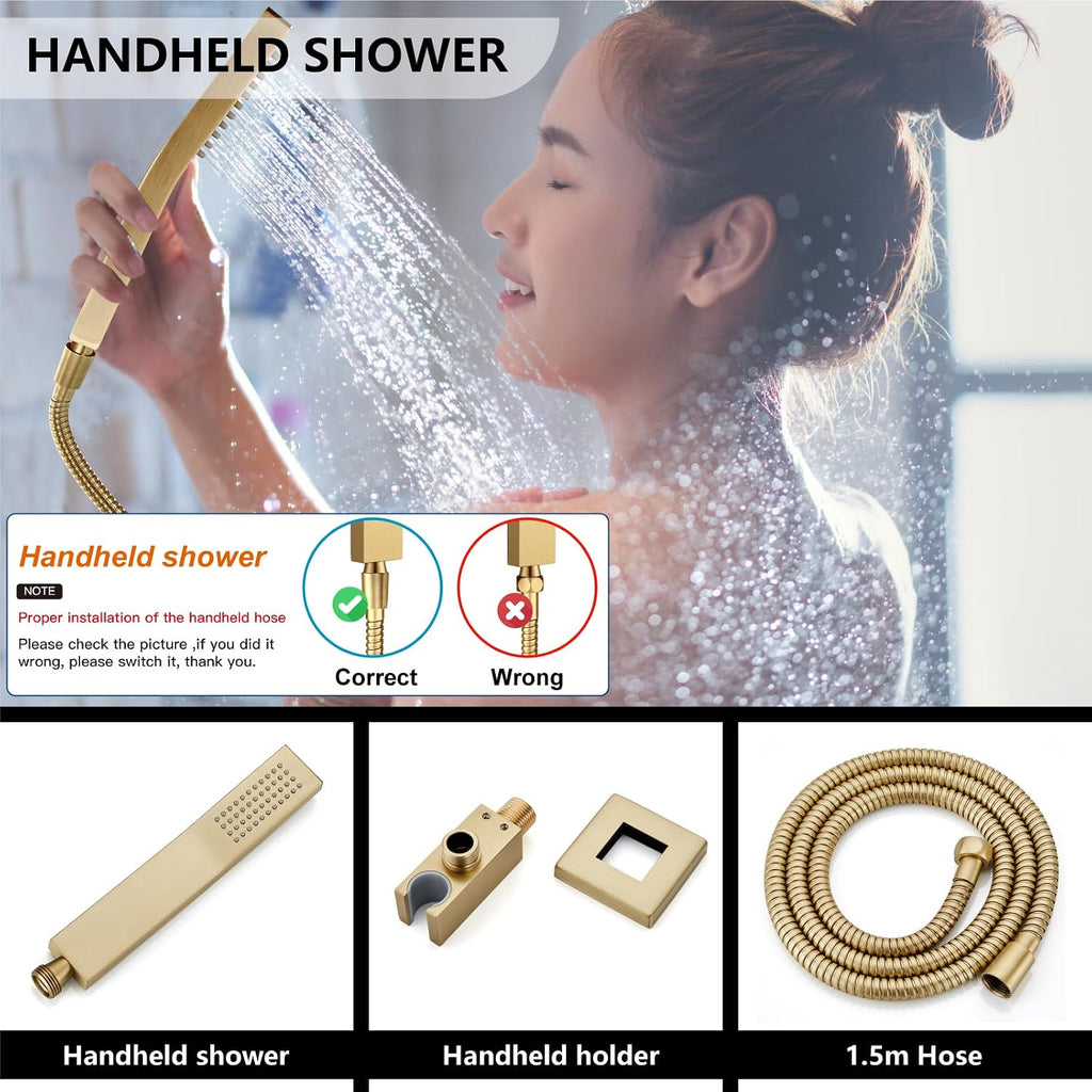 Midanya Shower System with Tub Spout,Bathtub Shower Faucet Set with Square Rainfall Head and Handheld Sprayer Wall Mount Tub Faucet Set with Valve and Trim Kit,8 Inch Brushed Gold