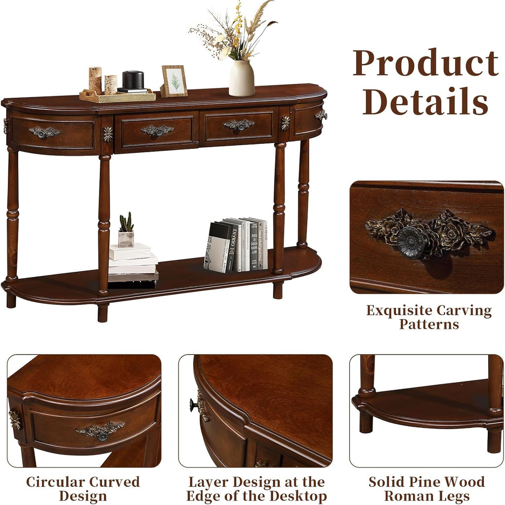 Retro Curved Console Table, 52' Half Moon Console Table Sofa Table Entryway Table with 2 Drawers 1 Open Shelf Solid Pine Legs for Living Room,Entryway,Hallway,Cherry