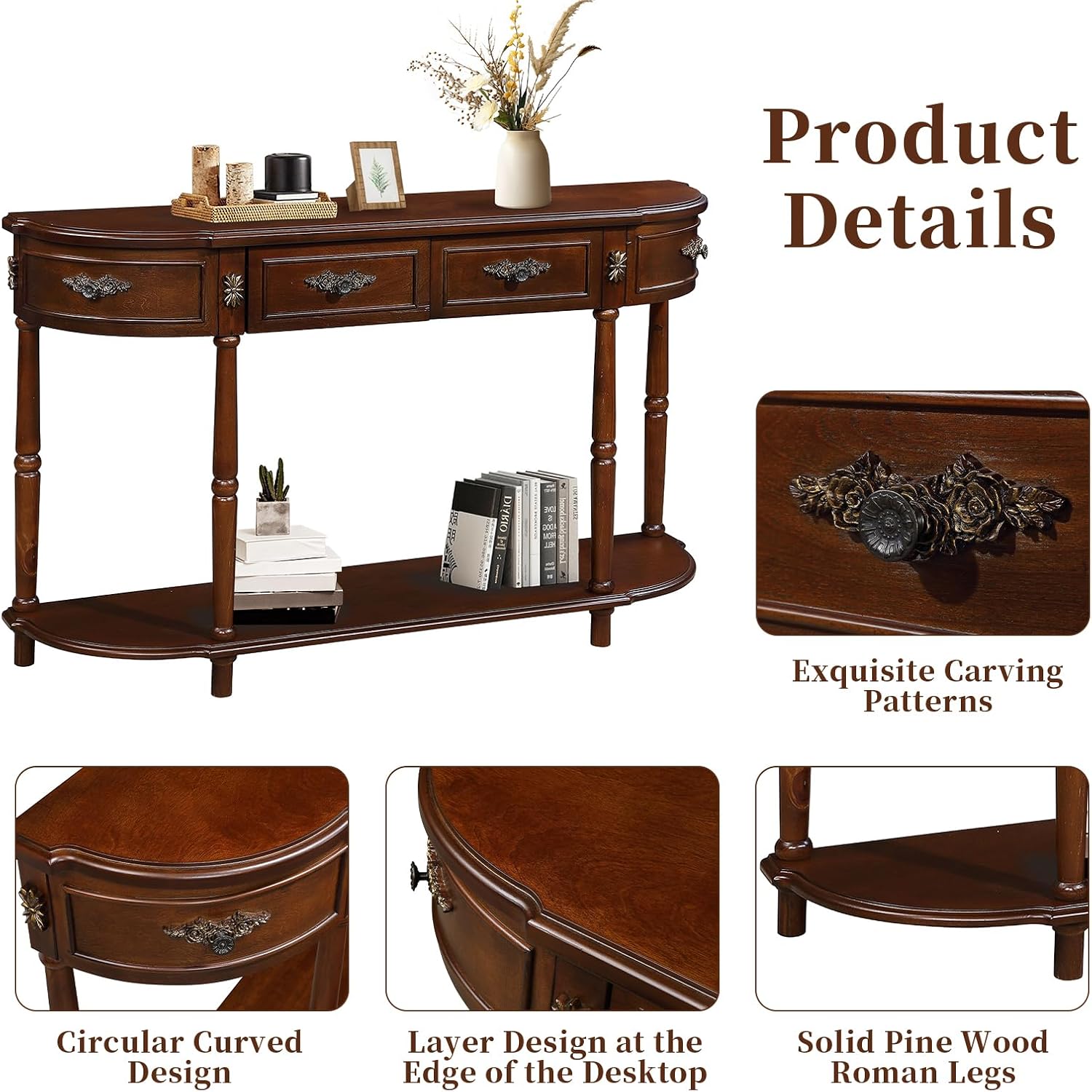 Retro Curved Console Table, 52' Half Moon Console Table Sofa Table Entryway Table with 2 Drawers 1 Open Shelf Solid Pine Legs for Living Room,Entryway,Hallway,Cherry