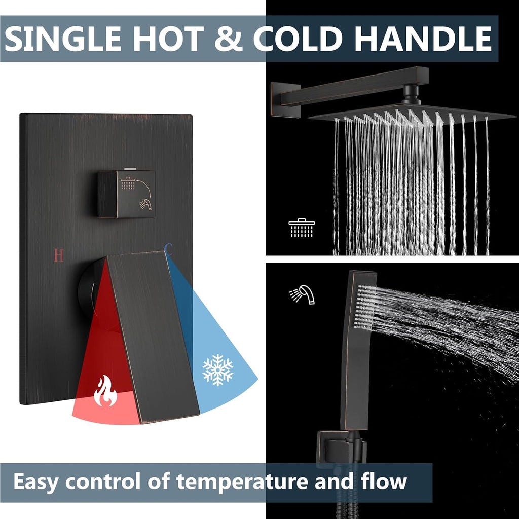 Aolemi Shower Faucet Set Rain Shower System with Handheld Spray Bathroom Shower Combo Rough-in Valve and Shower Trim Kit Included Oil Rubbed Bronze 12 Inch Wall Mount Shower Head