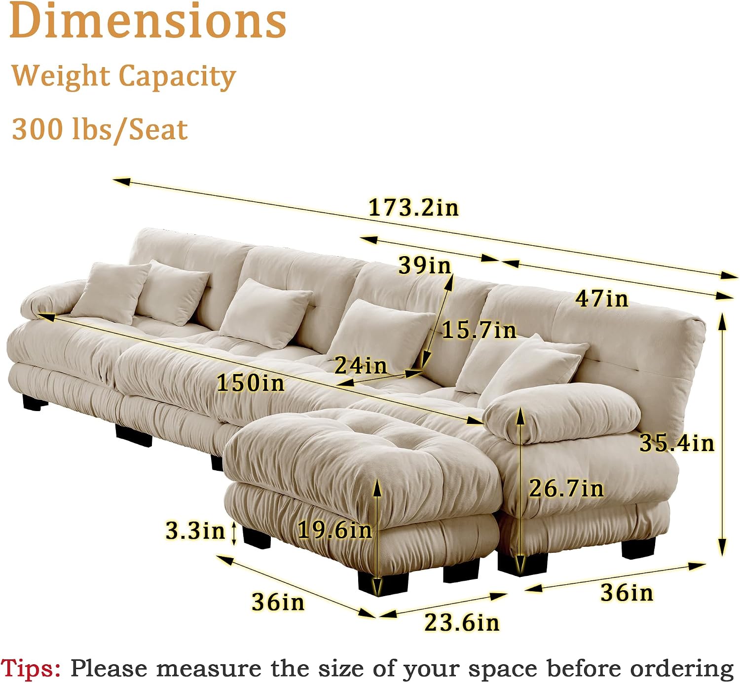 Modular Sectional Sofa 173.2' Cloud Couch, L Shaped Couch with Movable Ottoman, Modern Deep Seat Couches for Living Room, Oversized 4-Seater Sofa Comfy Chenille Sofas for Bedroom, Light Coffee