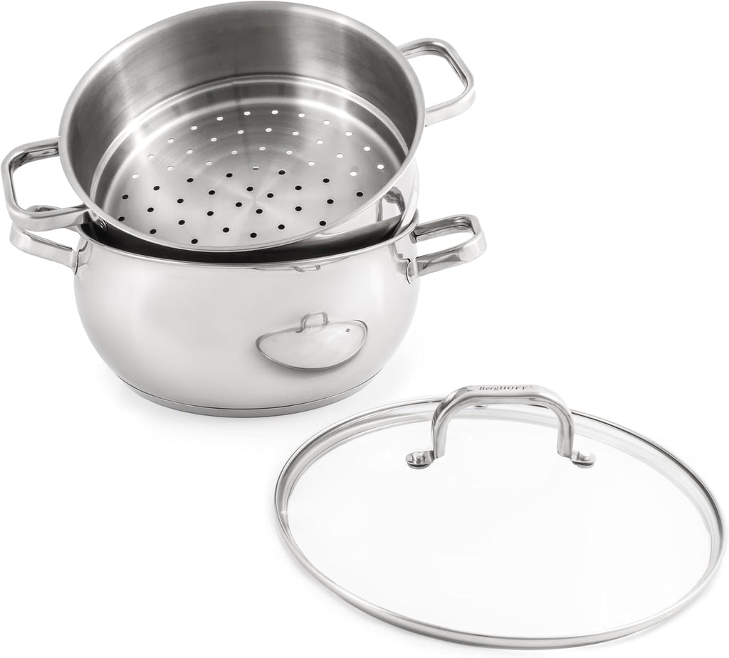 BergHOFF Belly Shape 18/10 Stainless Steel 3Pc Steamer Set, Glass Lid, Fast, Evenly Heat, Induction Cooktop Ready