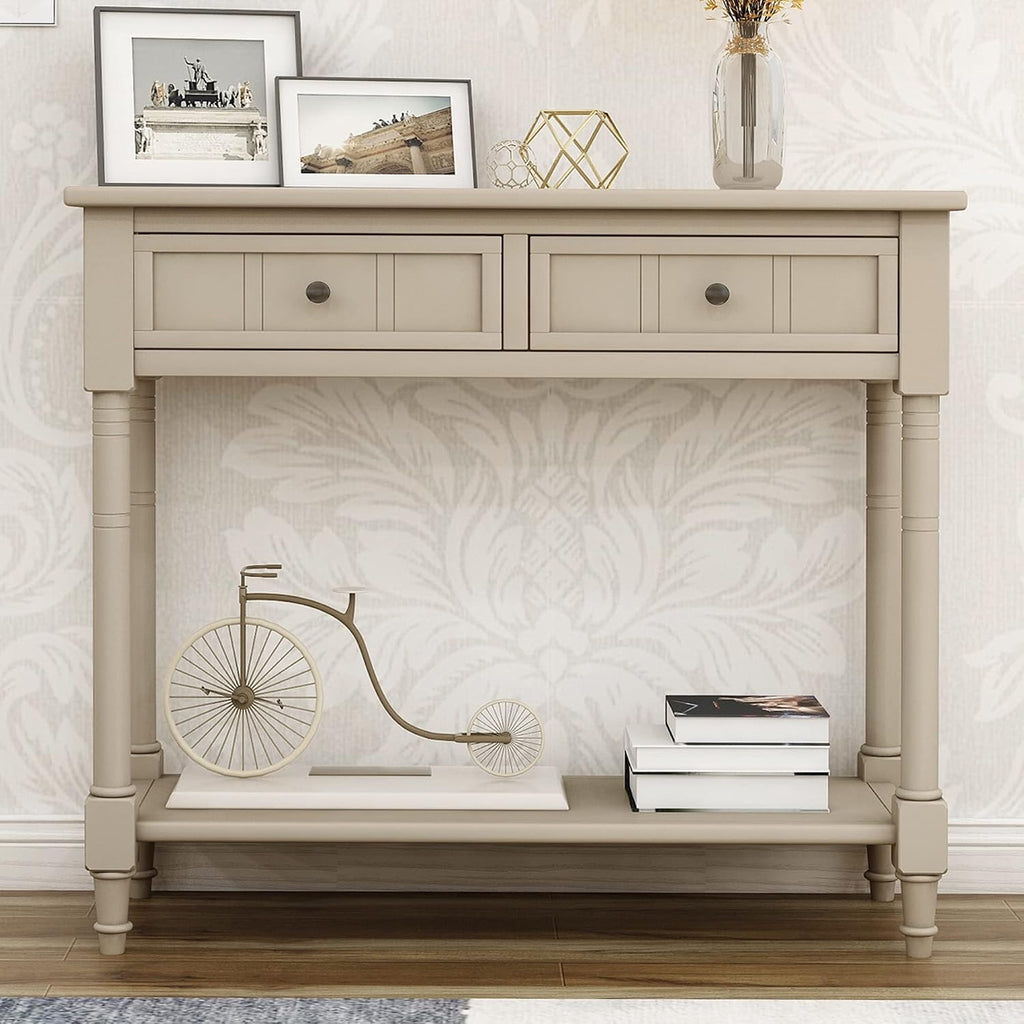 Merax Wood Sofa Table Console Table,Entryway Table Traditional Design with Two Drawers and Bottom Shelf for Living Room,Hallway,Dining Room,Retro Grey