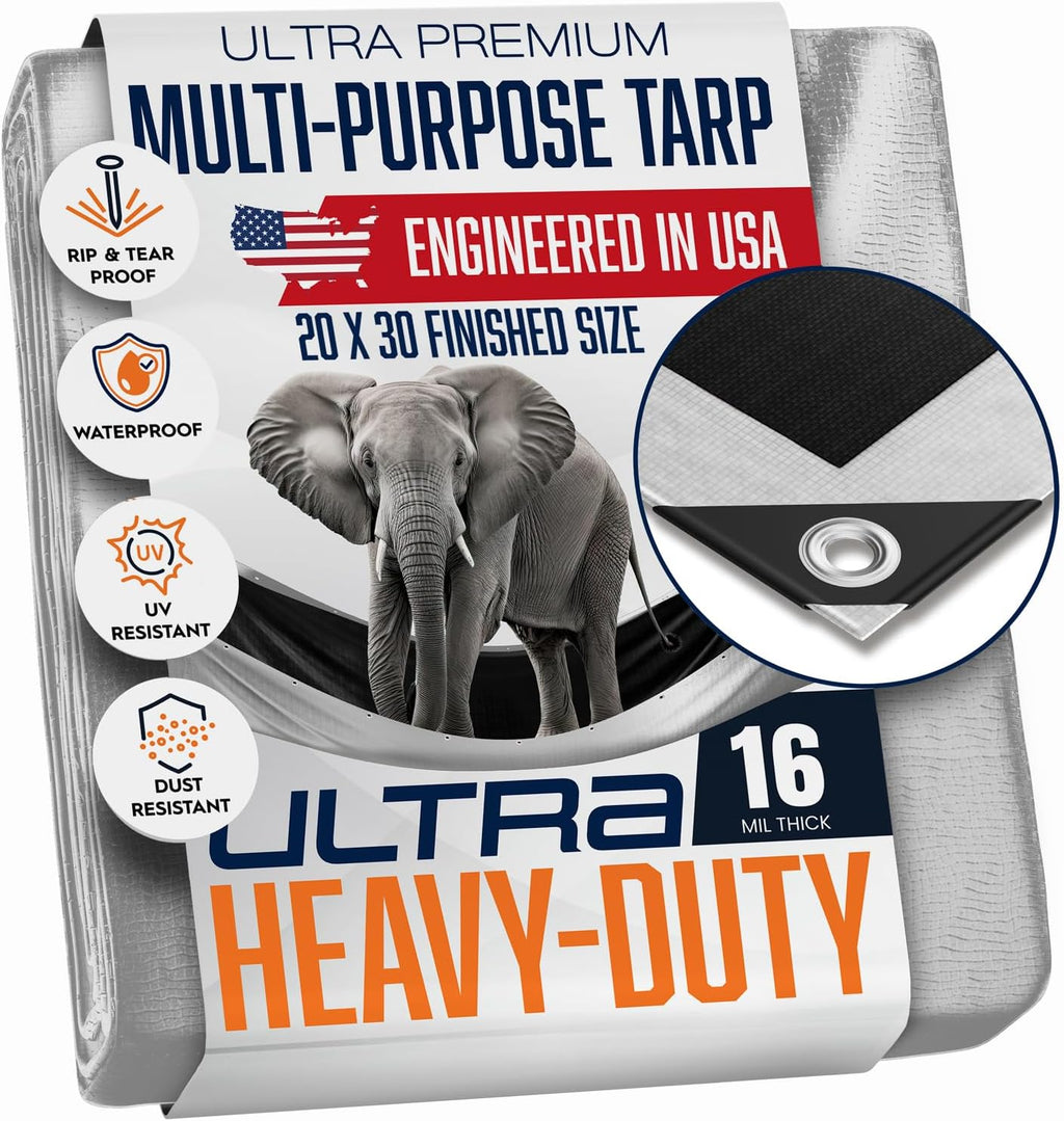 20x30 Tarp Ultra Heavy Duty, Extra Thick 16 Mil, UV Resistant, Grommets Every 18 Inches - Waterproof Plastic Poly Tarpaulin - (Reversible, Silver and Black) (20' x 30' Feet)