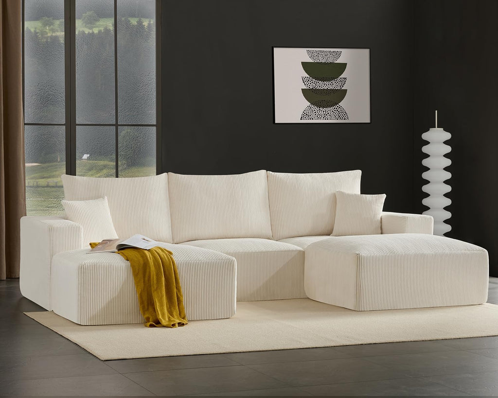 Gericco 113' Modular Sectional Couch, Cloud Boneless Sofa with Deep Seats, Upholstered Corduroy Square Stuffed Pouf, 2 Pcs 40 * 31 Inch Furry & Fluffy Movable Foot Stool for Living Room, Beige