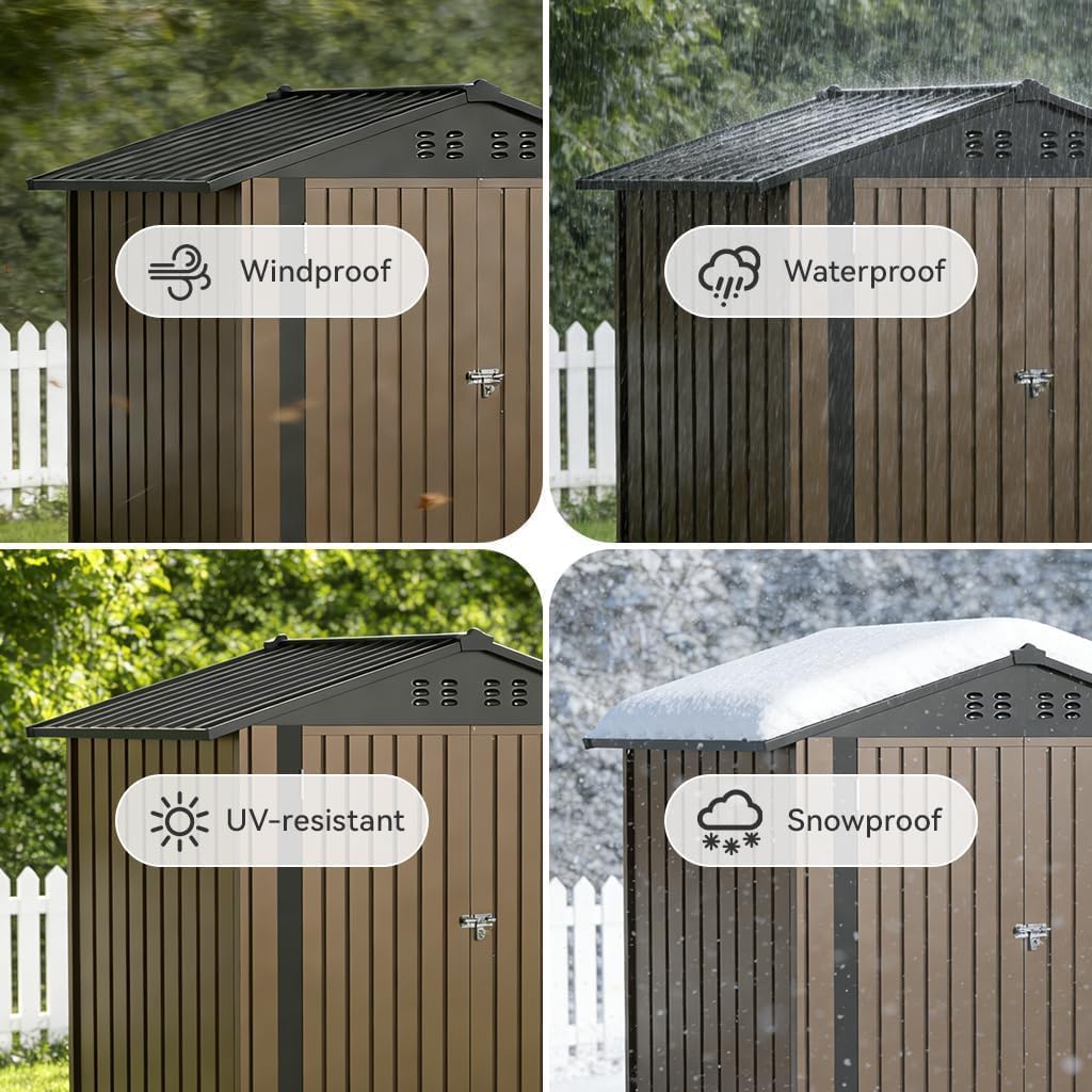 COMHOMA 6'x4' Shed Outdoor Storage Metal, Weatherproof Garden Utility Tool House with Lockable Doors & Adjustable Shelving, Ventilated Backyard Workshop,Brown