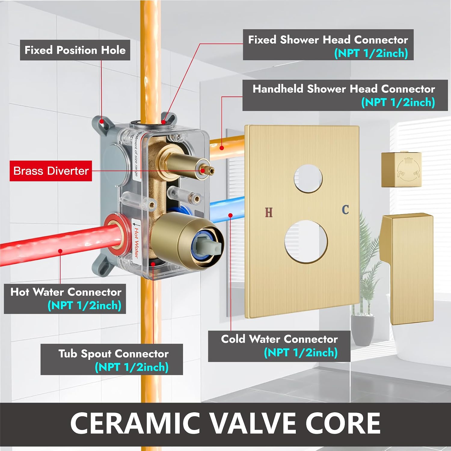 Midanya Shower System with Tub Spout,Bathtub Shower Faucet Set with Square Rainfall Head and Handheld Sprayer Wall Mount Tub Faucet Set with Valve and Trim Kit,8 Inch Brushed Gold