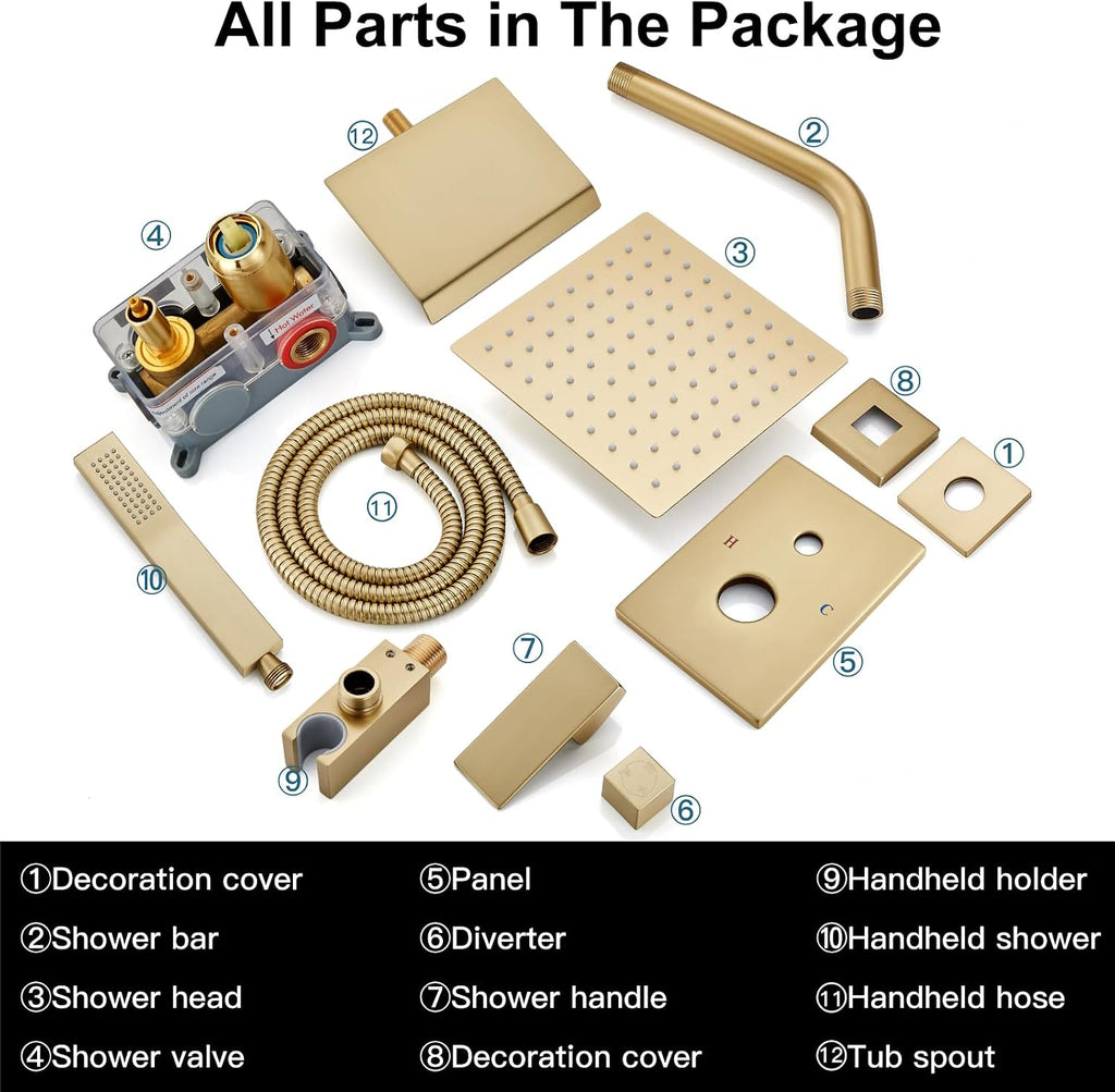 Midanya Shower System with Tub Spout,Bathtub Shower Faucet Set with Square Rainfall Head and Handheld Sprayer Wall Mount Tub Faucet Set with Valve and Trim Kit,8 Inch Brushed Gold