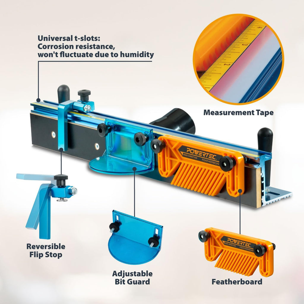 POWERTEC Router Table Fence Kit Deluxe System 3-3/8' Tall 24' Long, Router Table Top, Routing Tables for Woodworking w/Reversible Flip Stop, Dust Port, Adjustable Bit Guard, Featherboard - 71536E