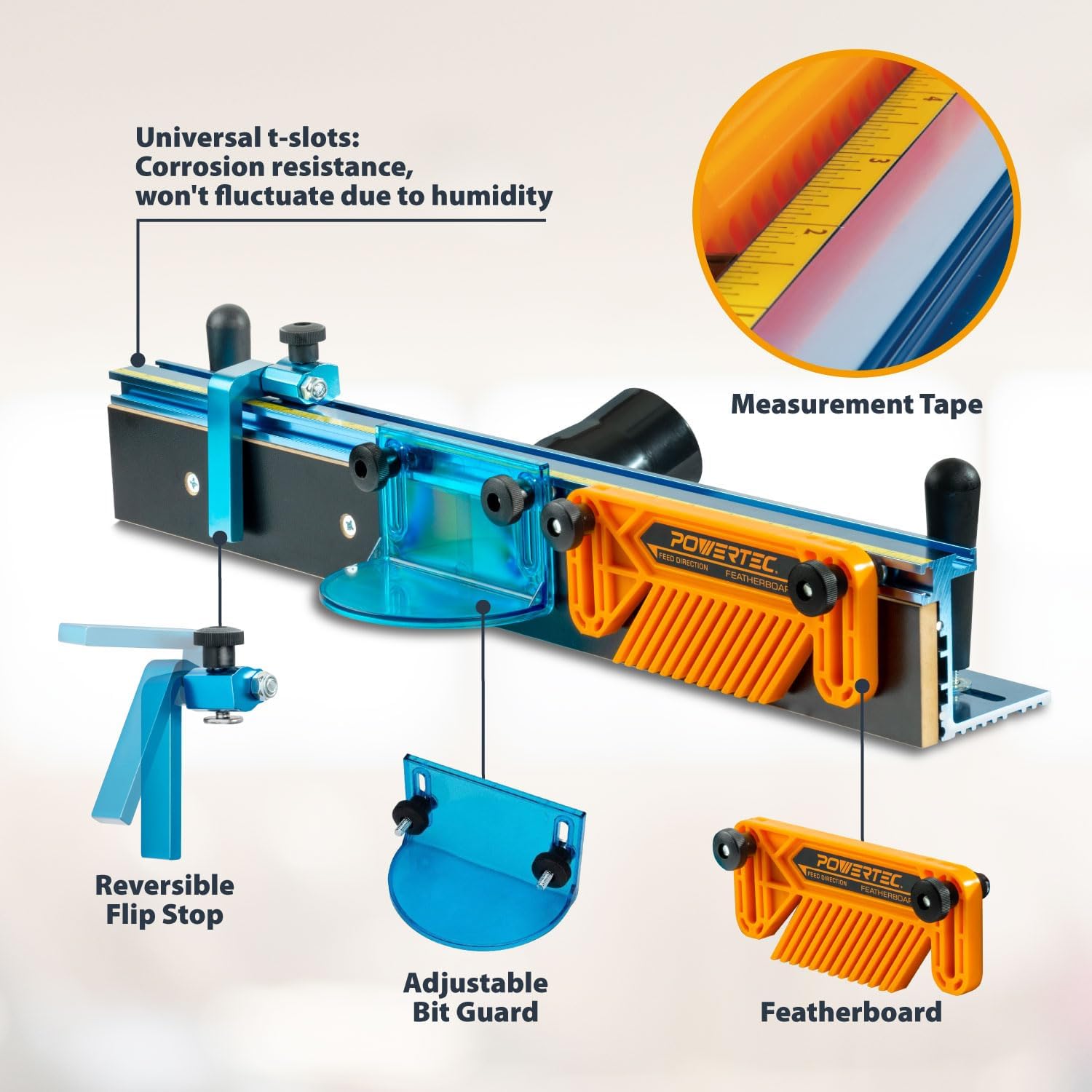 POWERTEC Router Table Fence Kit Deluxe System 3-3/8' Tall 24' Long, Router Table Top, Routing Tables for Woodworking w/Reversible Flip Stop, Dust Port, Adjustable Bit Guard, Featherboard - 71536E