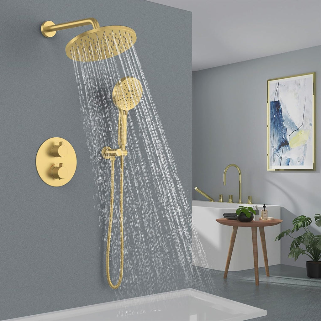 Iriber Thermostatic Shower System Wall Mount with 10 Inch Roud Rainfall Shower Head and Handheld,Shower Faucet Mixer Trim Kit (Valve Included),Brushed Gold