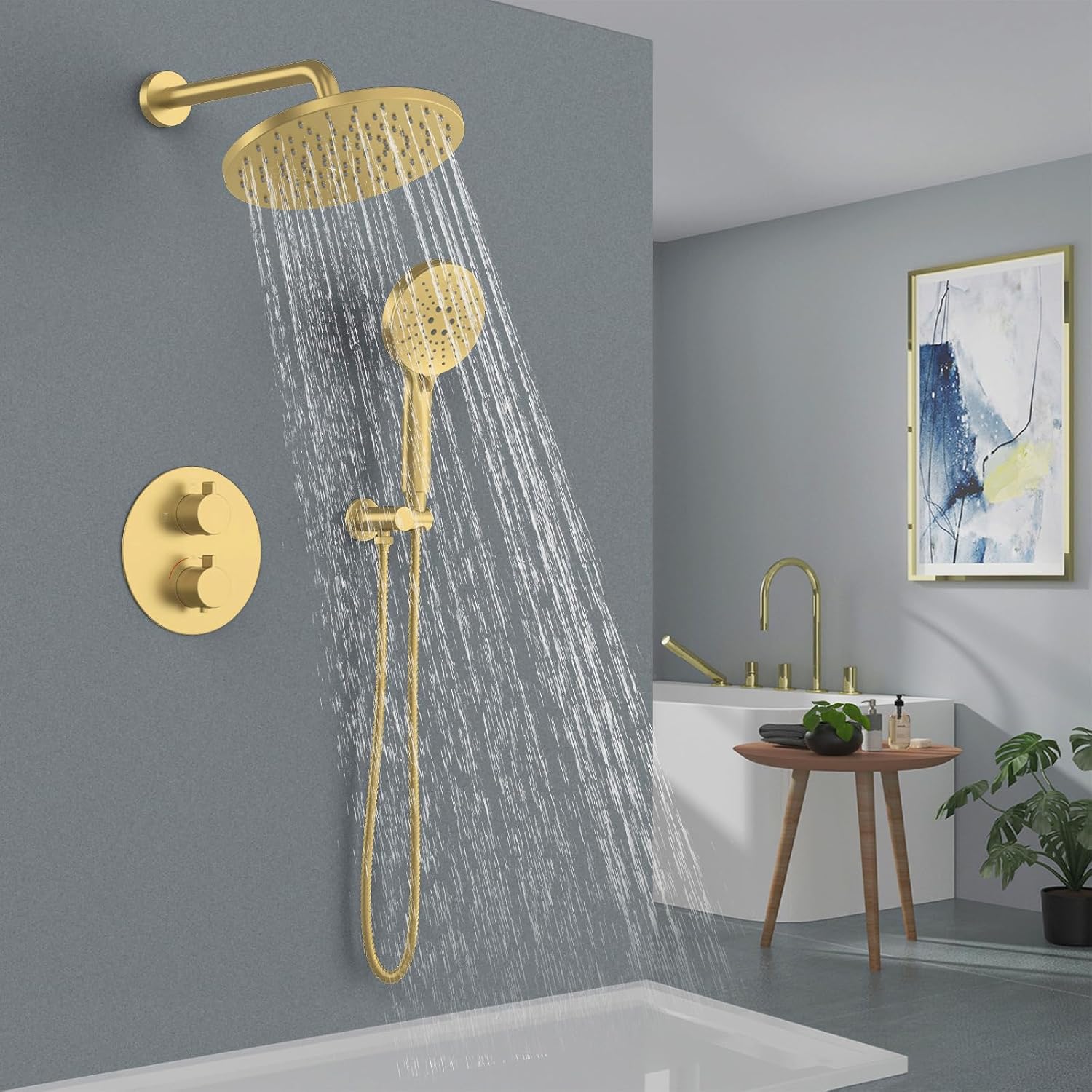 Iriber Thermostatic Shower System Wall Mount with 10 Inch Roud Rainfall Shower Head and Handheld,Shower Faucet Mixer Trim Kit (Valve Included),Brushed Gold