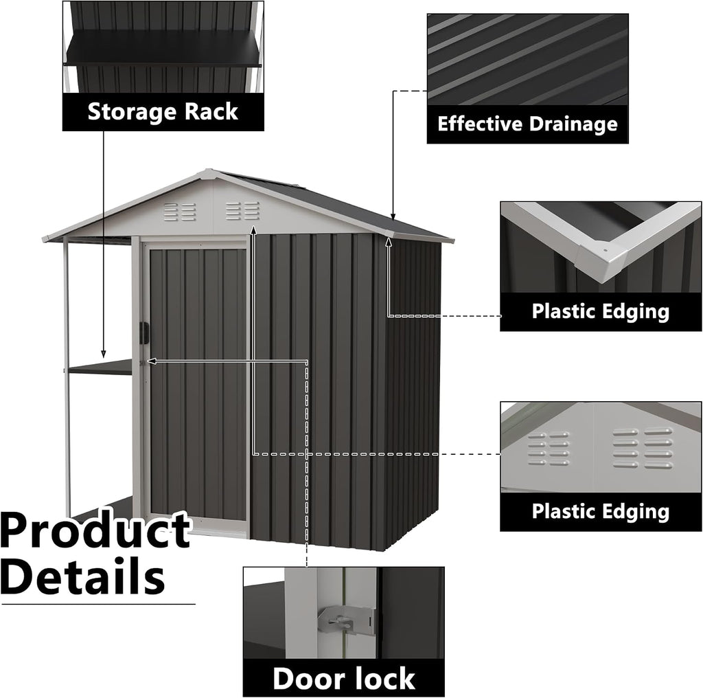 6 x 4 FT Outdoor Metal Storage Shed Garden Shed with Side Storage Rack Suitable for Garden Bike, Waterproof Shed,Tool Metal Storage Shed for Backyard, Patio