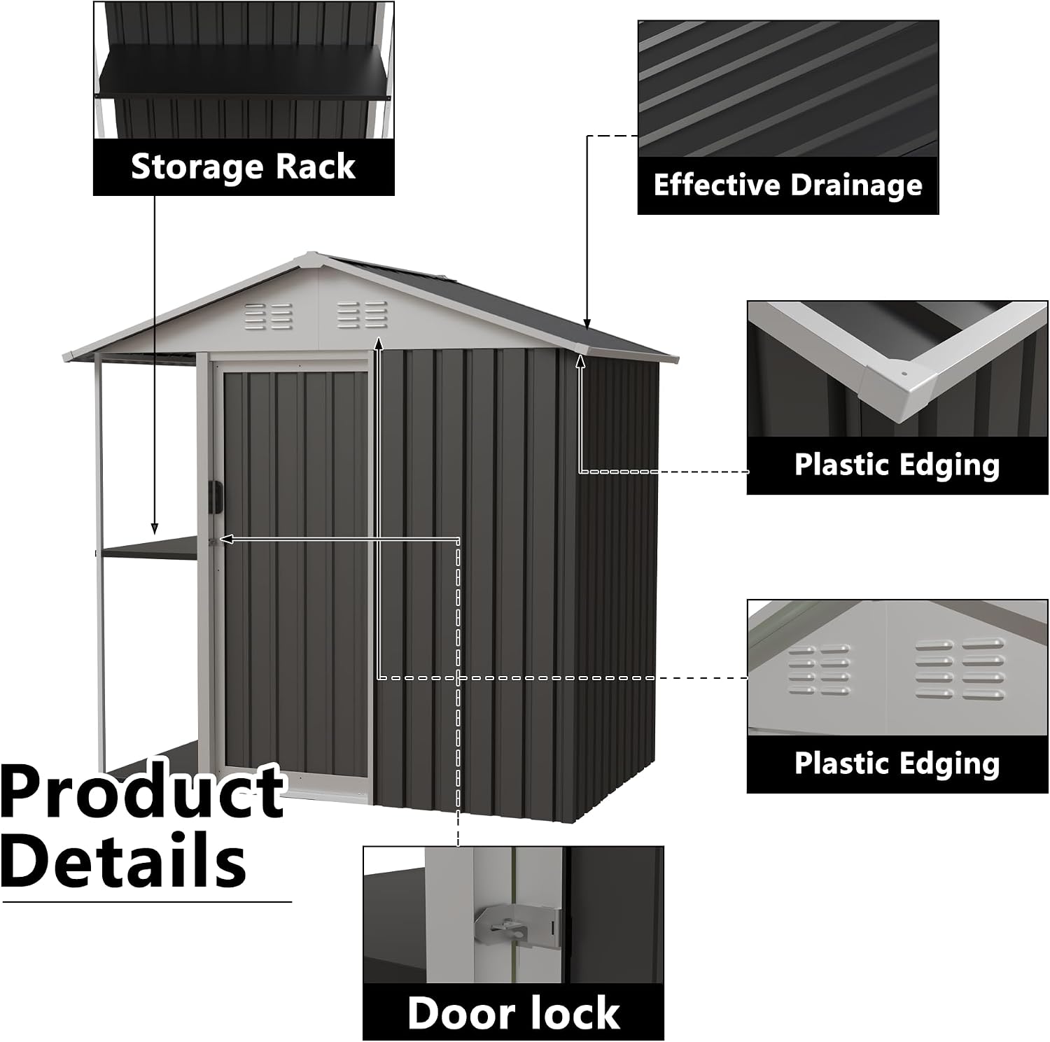6 x 4 FT Outdoor Metal Storage Shed Garden Shed with Side Storage Rack Suitable for Garden Bike, Waterproof Shed,Tool Metal Storage Shed for Backyard, Patio