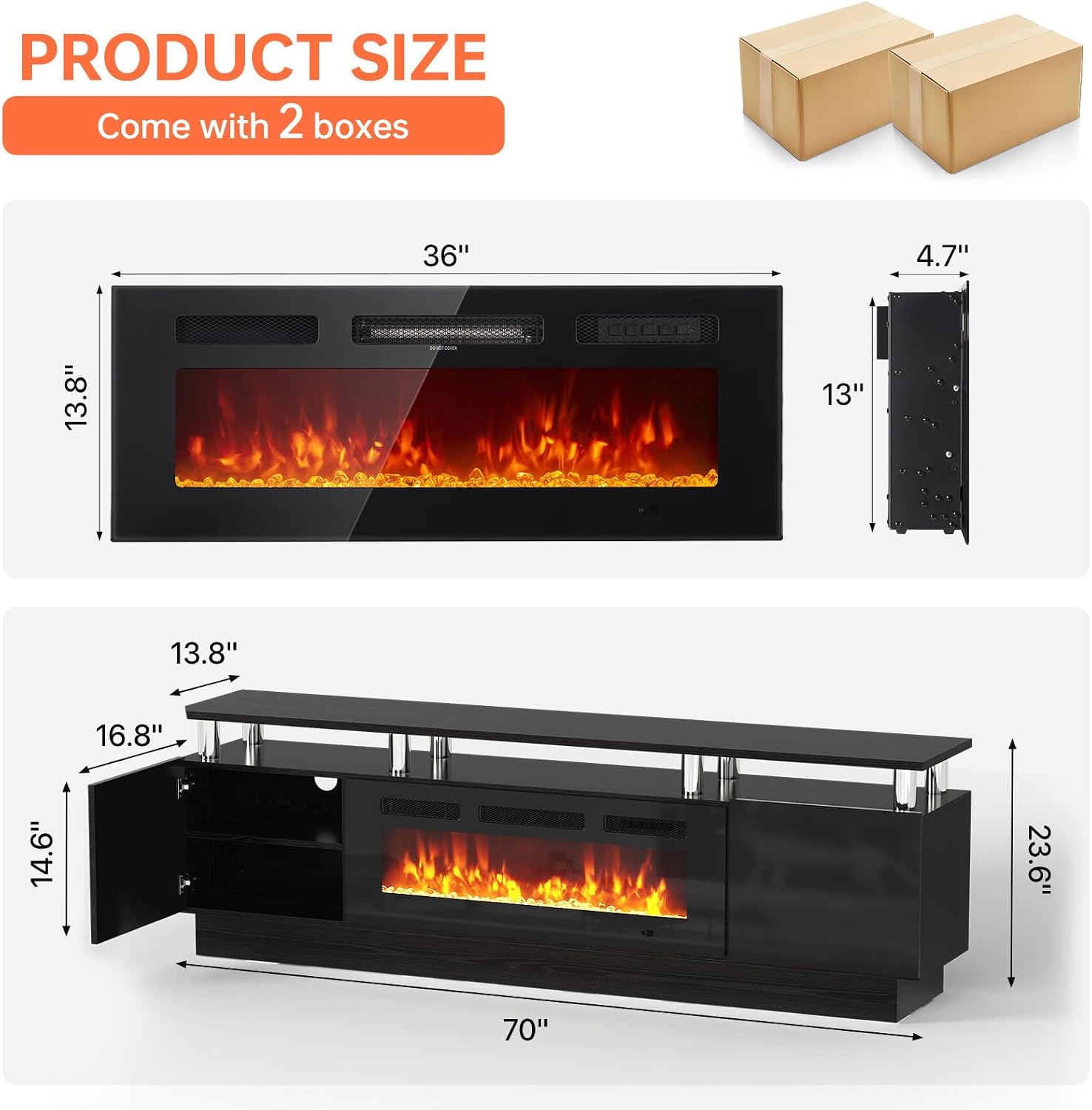 MXV 70' Fireplace TV Stand, Modern Entertainment Center & 36 Inch Electric Fireplace with Remote Control, LED Light, Fire Place Tv Stand for Living Room for TVs up to 80', Black + Black