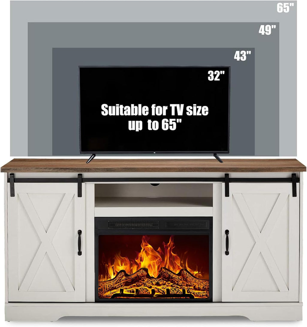 AMERLIFE 59' Fireplace TV Stand for TVs up to 65', Farmhouse Entertainment Center with Sliding Barn Doors, Storage Cabinets and Adjustable Shelves, Distressed White & Barnwood