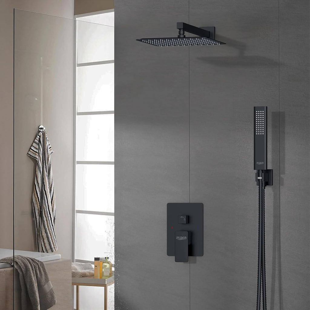 Iriber Shower Set with 12 Inch High Pressure Rain Shower Head and Handheld and Shower Faucet Mixer Valve Modern Shower System Including Pressure Balance Valve Shower Trim Kit for Bathroom,Matte Black