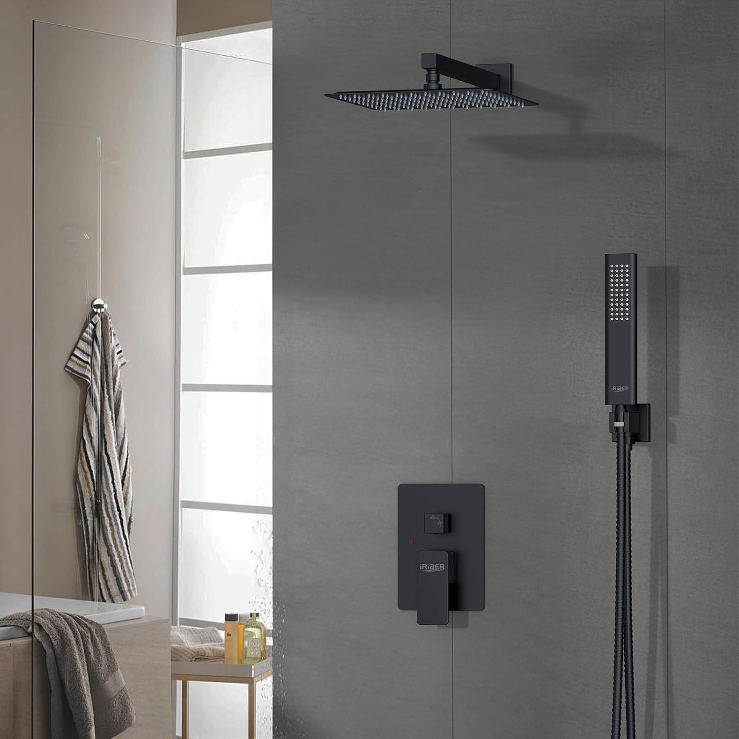 Iriber Shower Set with 12 Inch High Pressure Rain Shower Head and Handheld and Shower Faucet Mixer Valve Modern Shower System Including Pressure Balance Valve Shower Trim Kit for Bathroom,Matte Black